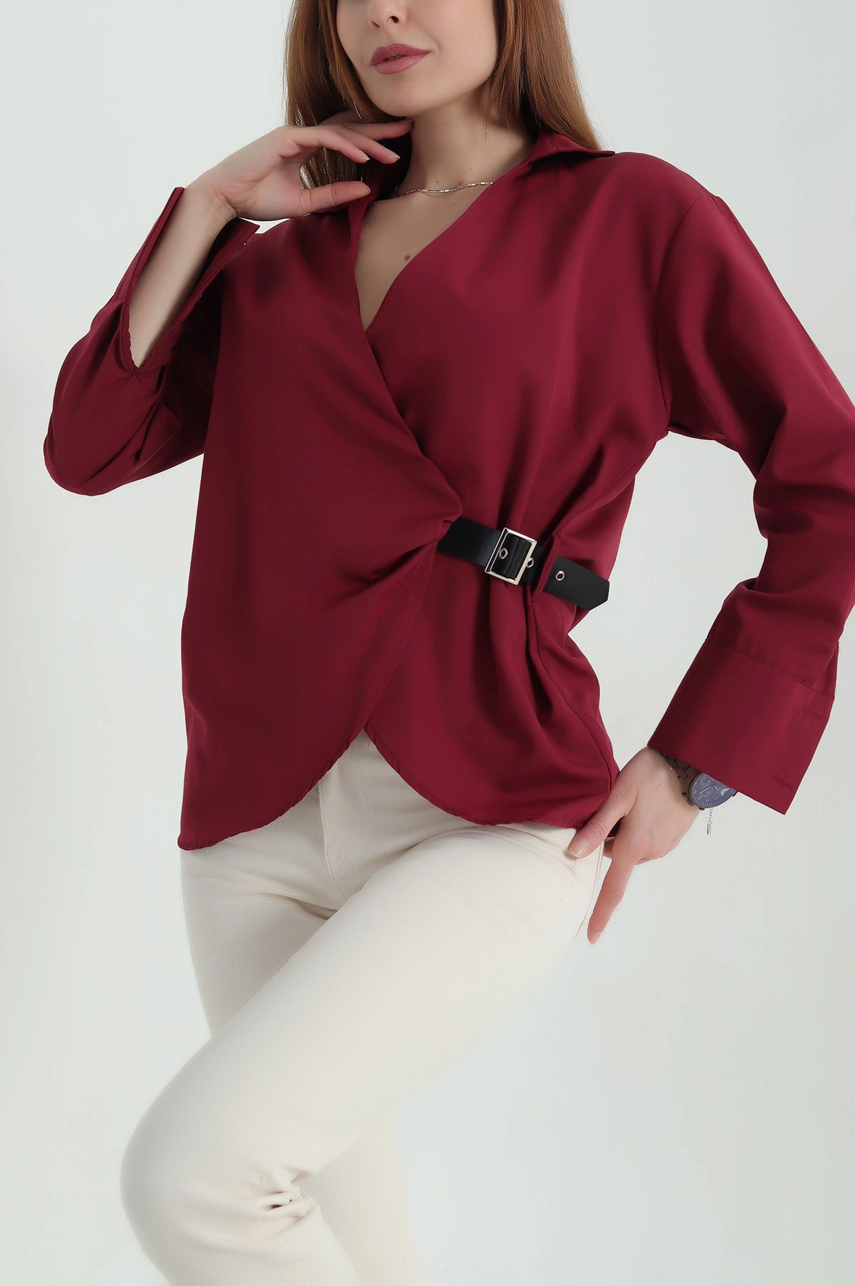 Bordo Önü Kemerli Poplin Kadın Gömlek Bluz 359958