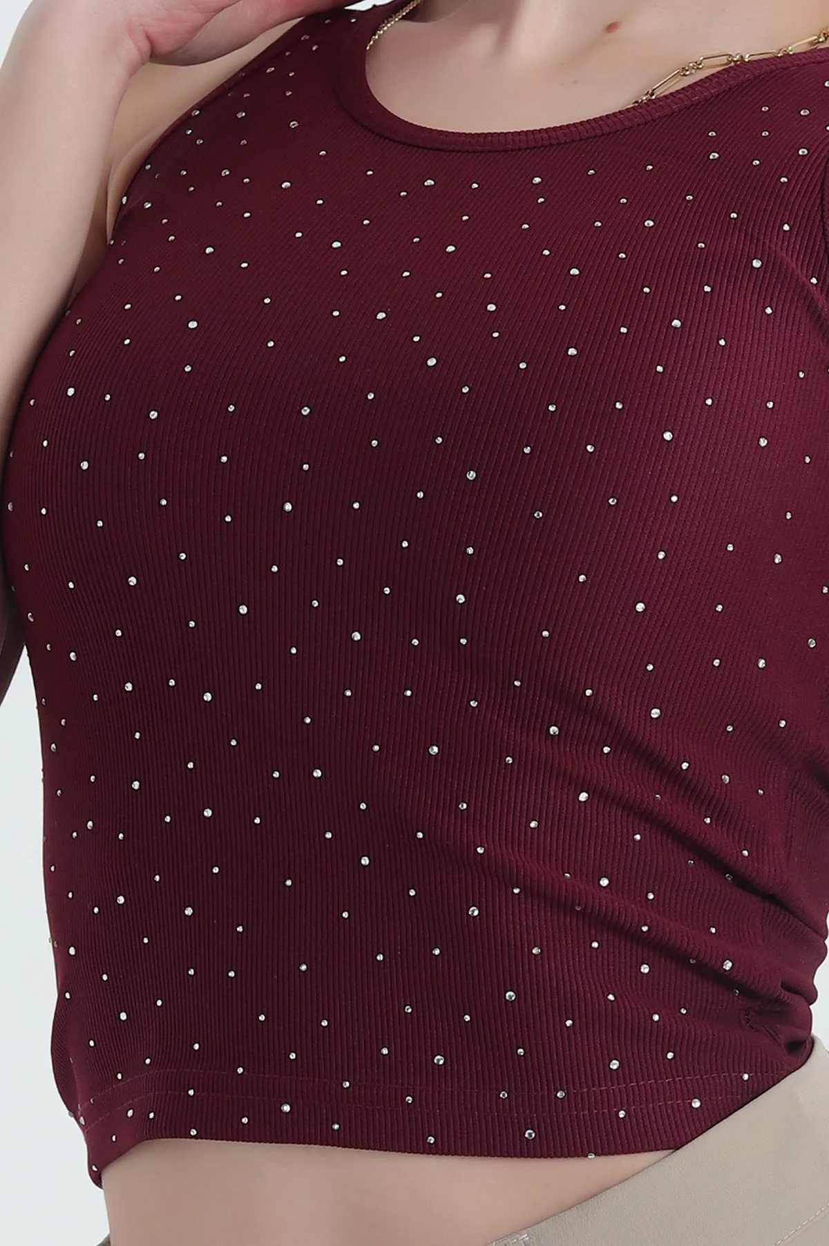 Bordo Önü Serpme Taşlı Kadın Atlet 346126