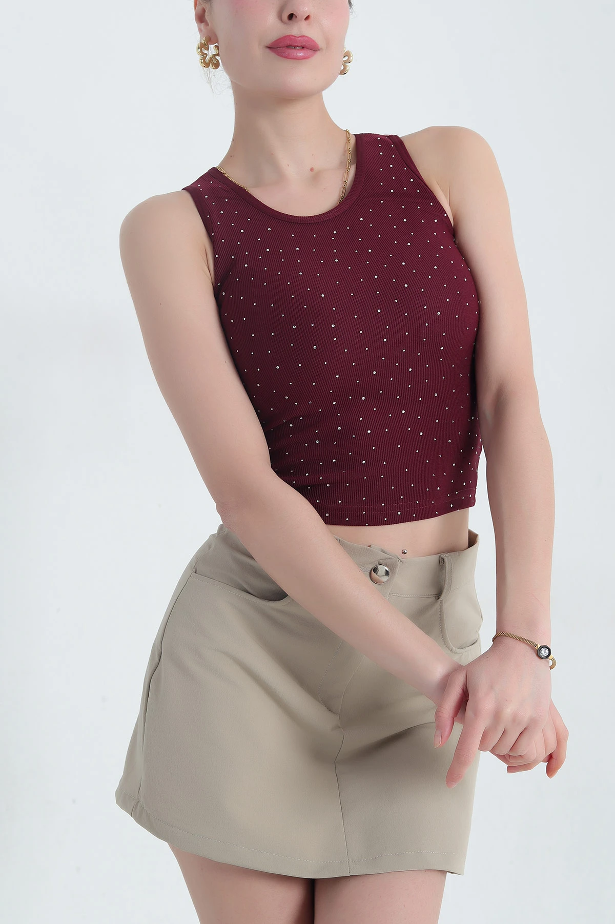 Bordo Önü Serpme Taşlı Kadın Atlet 346126