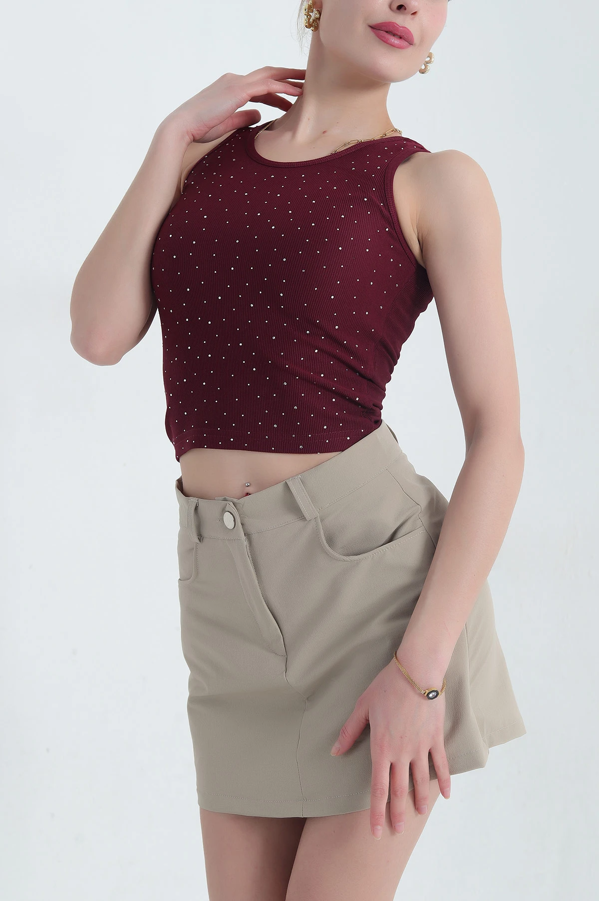 Bordo Önü Serpme Taşlı Kadın Atlet 346126