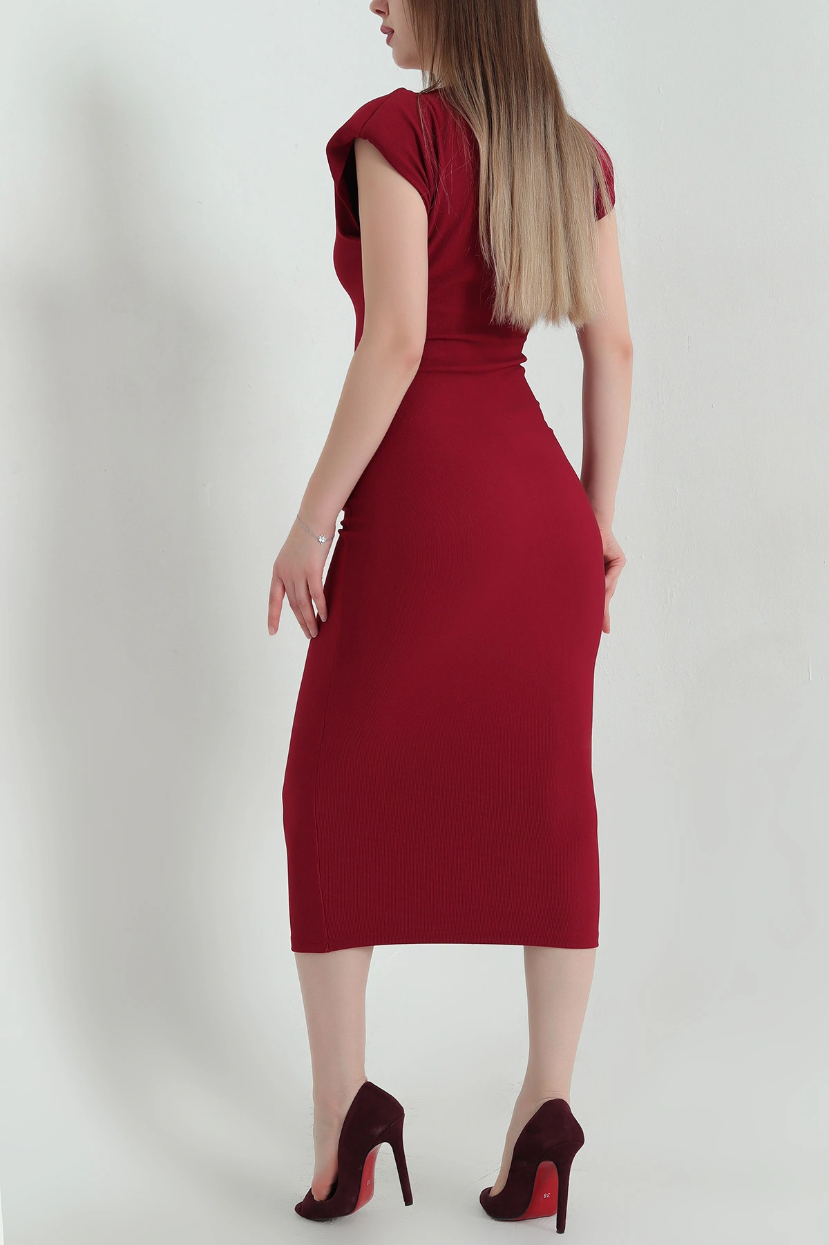 Bordo Önü Taşlı Omuzları Vatkalı Ottoman Kadın Elbise 347324