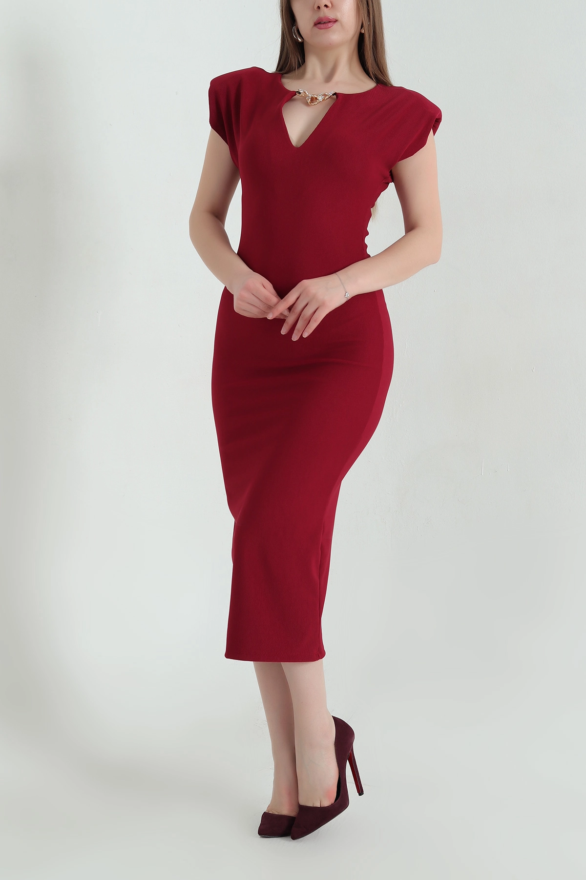 Bordo Önü Taşlı Omuzları Vatkalı Ottoman Kadın Elbise 347324