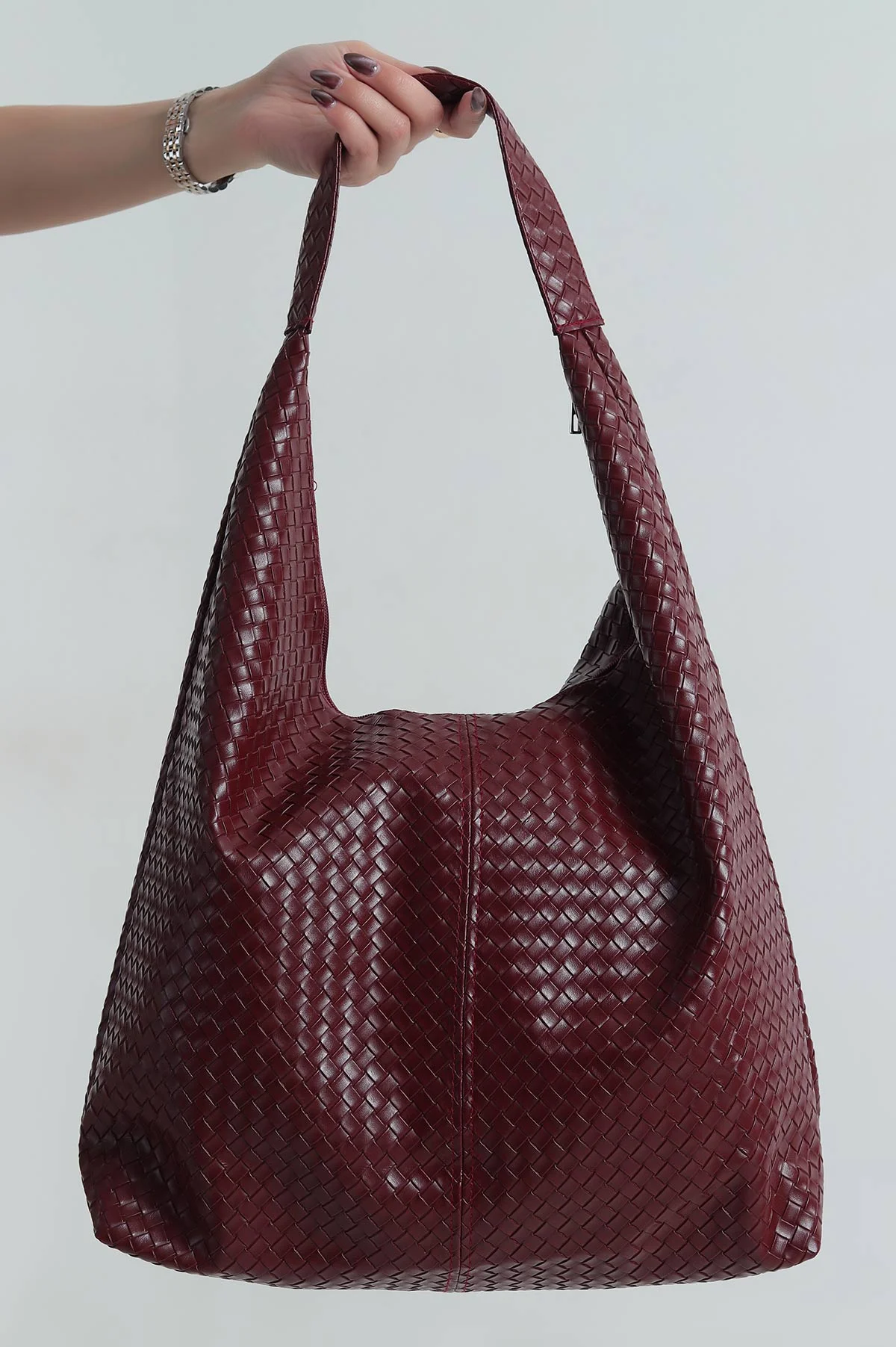 Bordo Örgü Tasarımlı Fermuarlı Kadın El Kol ve Omuz Çantası 411530