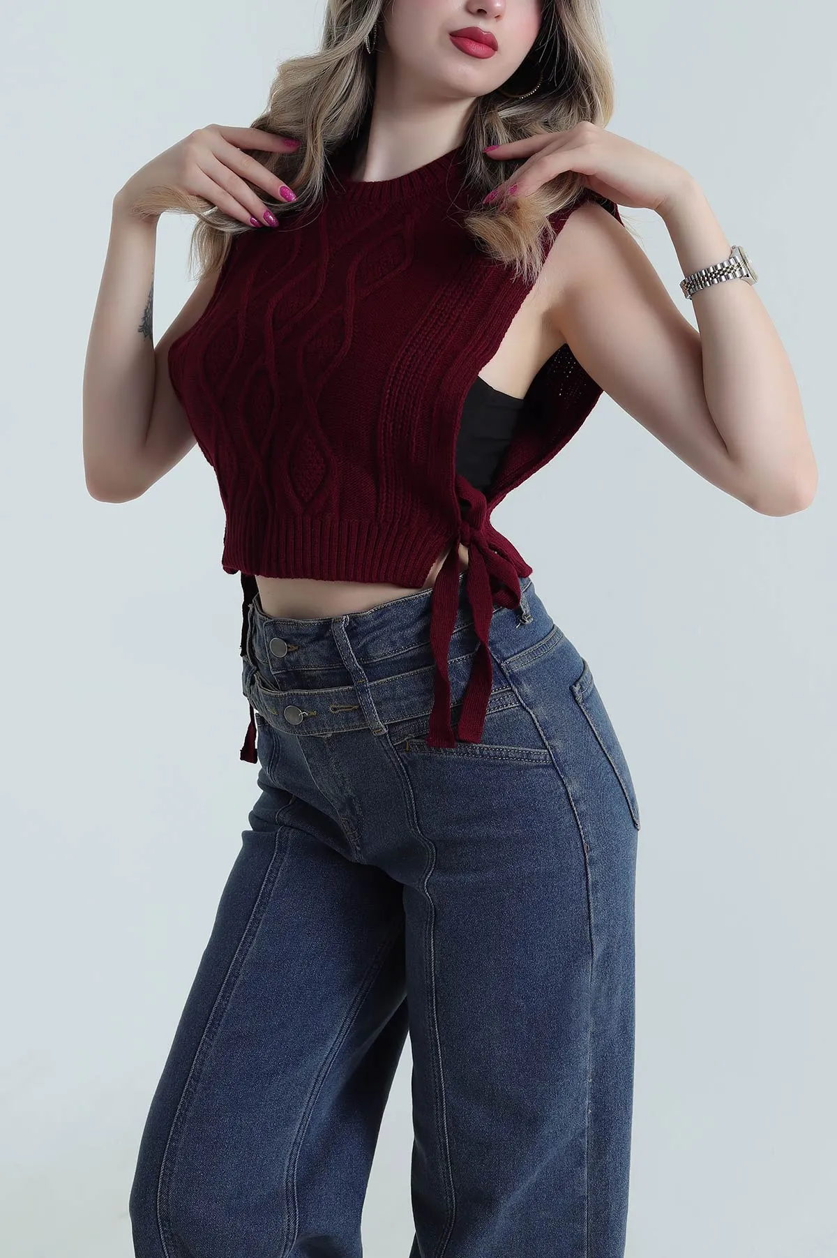 Bordo Örgülü Kadın Triko Süveter 483755