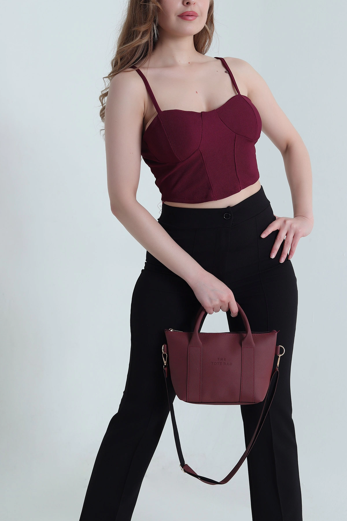 Bordo Ottoman Kumaş Crop Bluz 466107