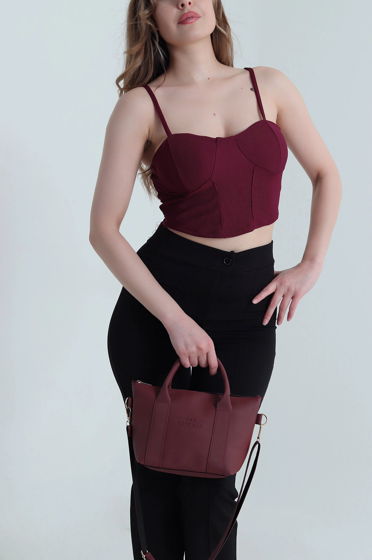 Bordo Ottoman Kumaş Crop Bluz 466107