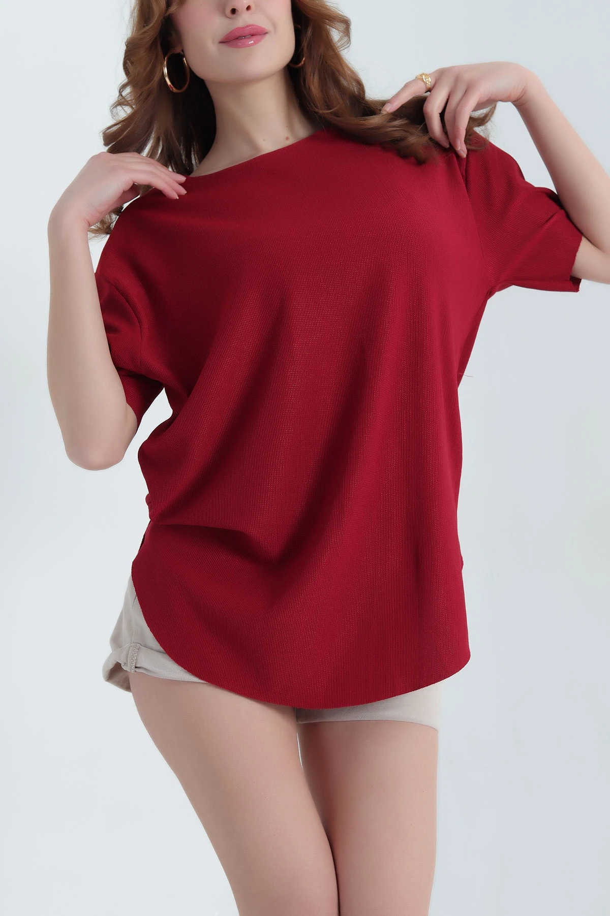 Bordo Oval Kesim Dokulu Tişört 337672
