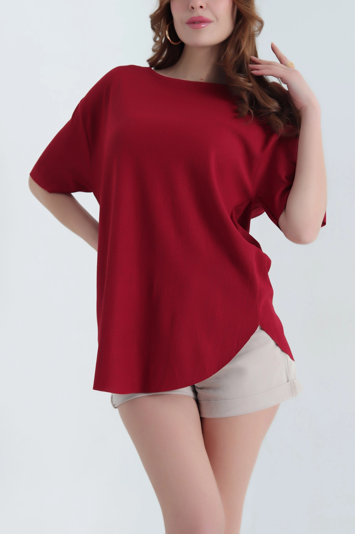 Bordo Oval Kesim Dokulu Tişört 337672