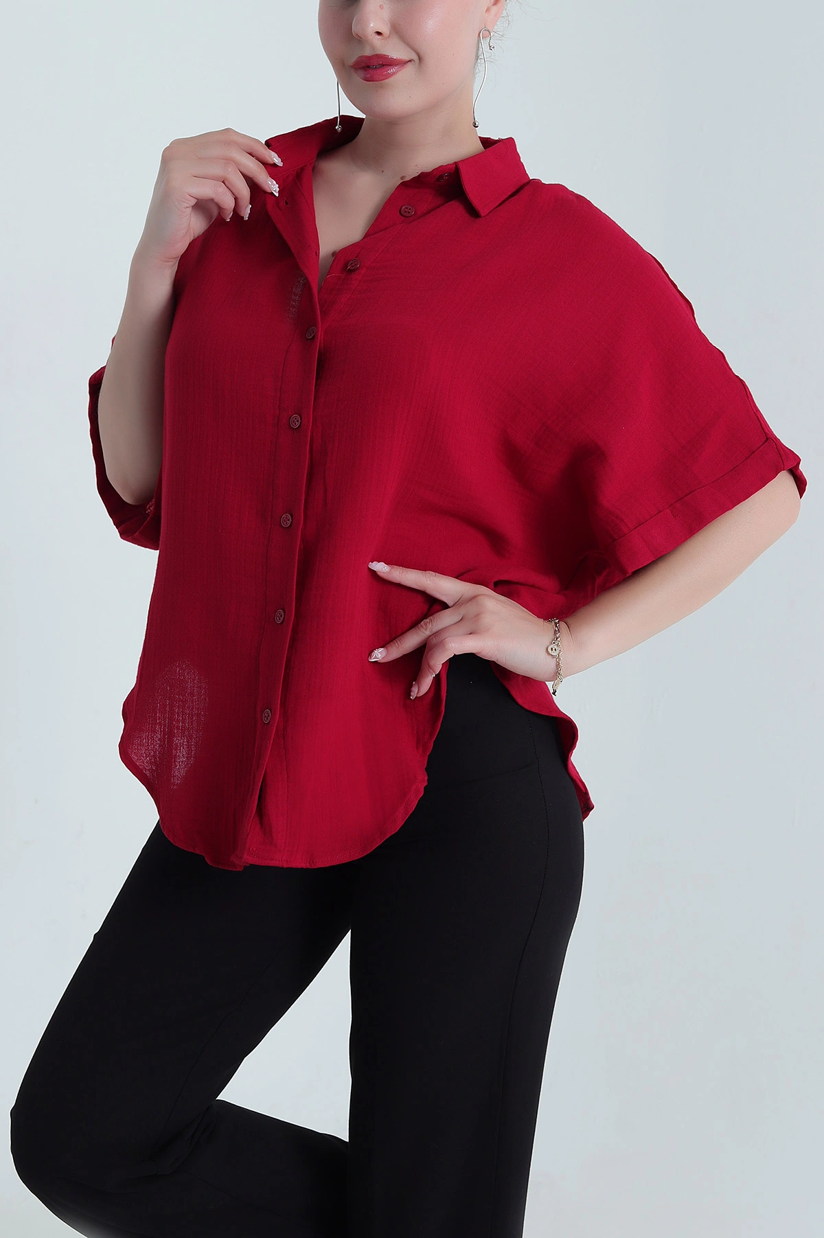 Bordo Oval Kesim Oversize Müslin Keten Kadın Gömlek 480179