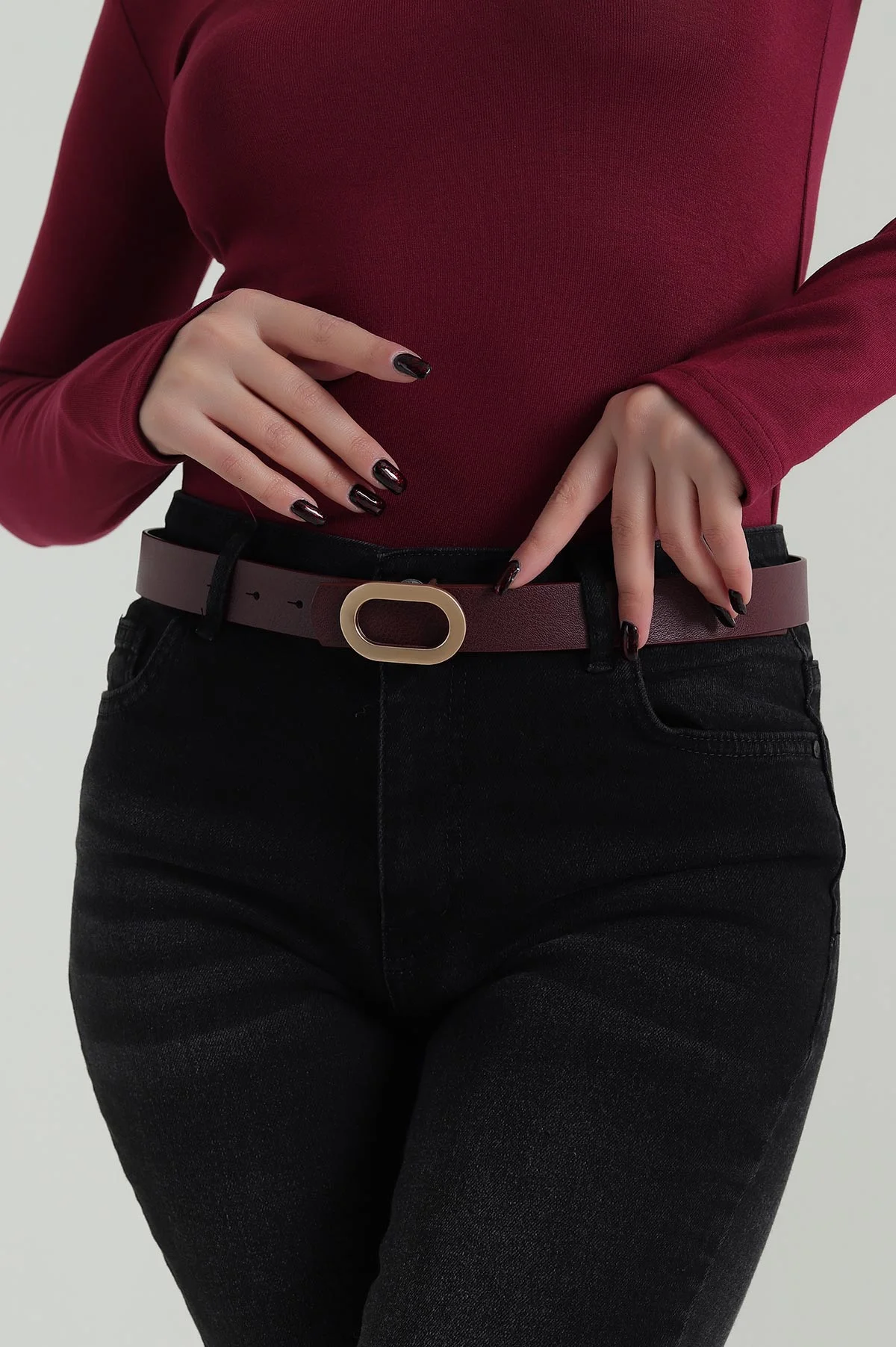Bordo Oval Toka Detaylı Kadın Kemer 421450