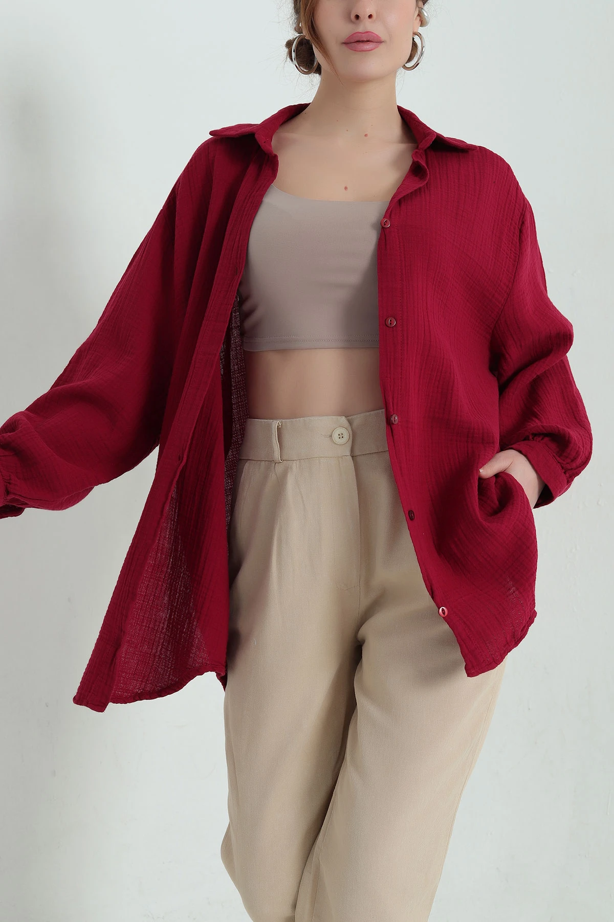 Bordo Oversize Kadın Müslin Gömlek 336850