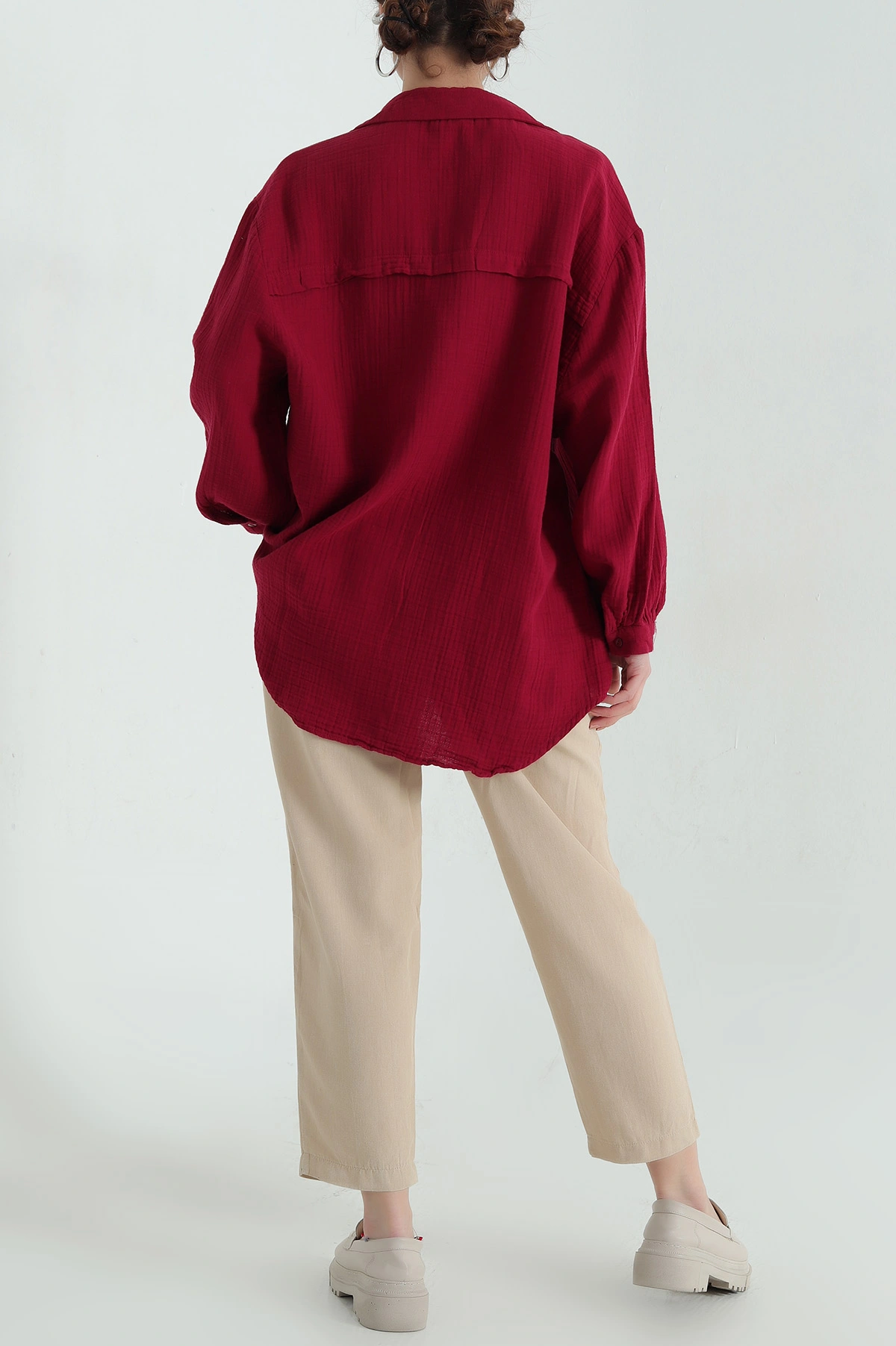 Bordo Oversize Kadın Müslin Gömlek 336850