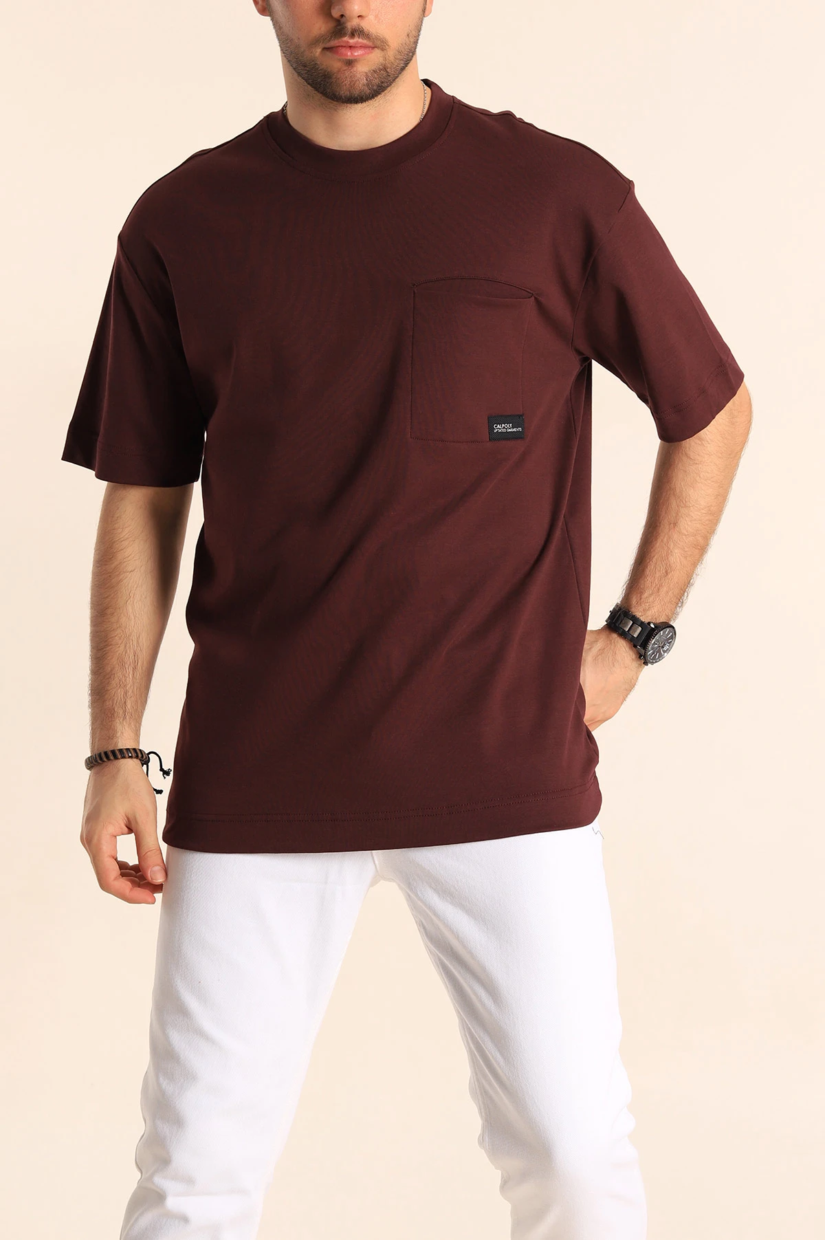 Bordo Oversize Cep Detaylı Erkek Tişört 253317