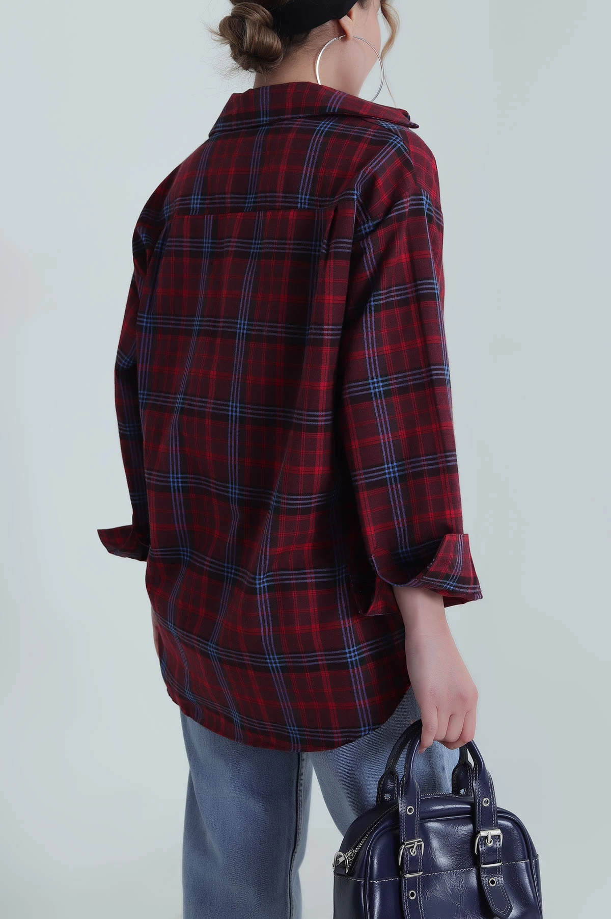 Bordo Oversize Ekose Kadın Gömlek 485543