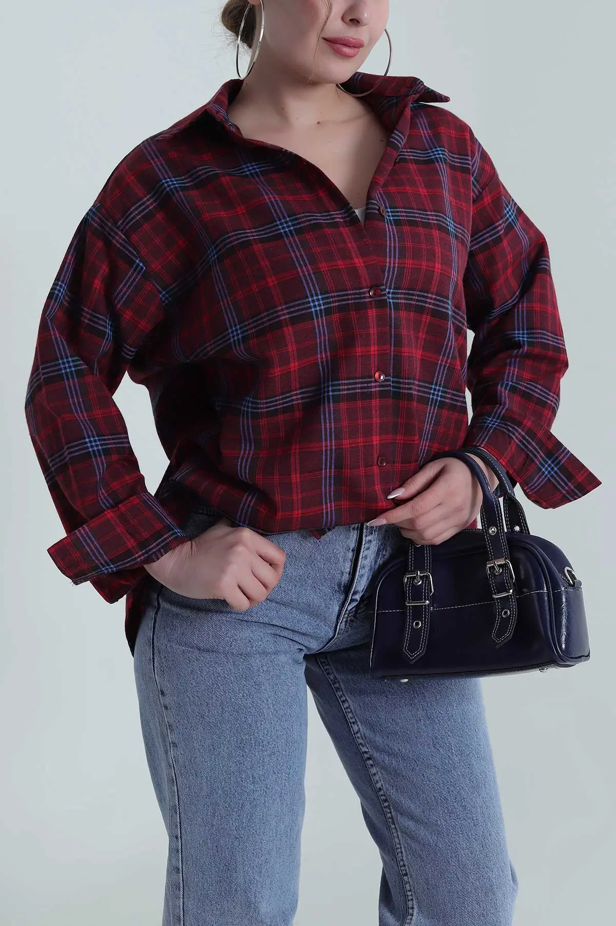 Bordo Oversize Ekose Kadın Gömlek 485543