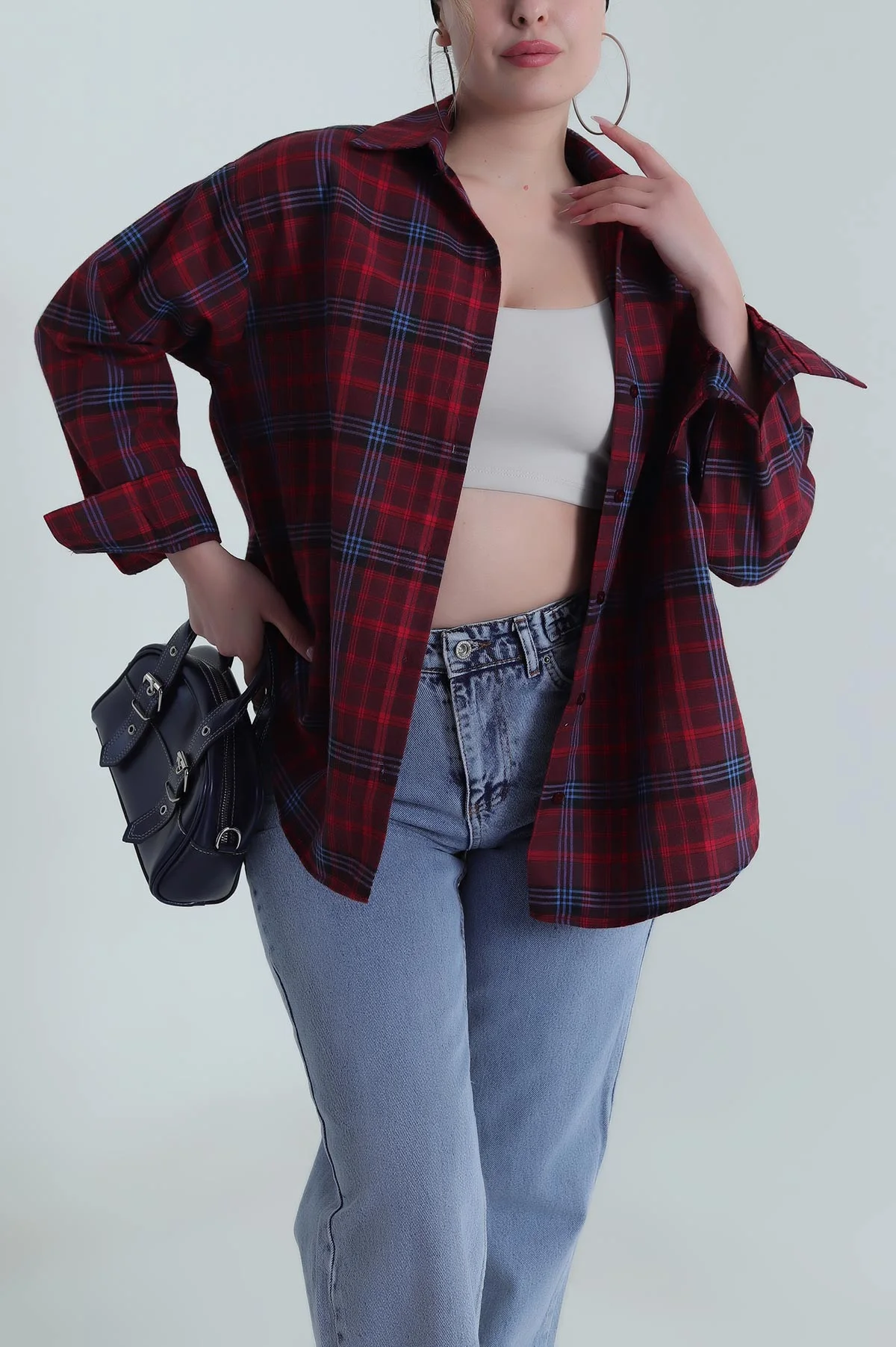 Bordo Oversize Ekose Kadın Gömlek 485543