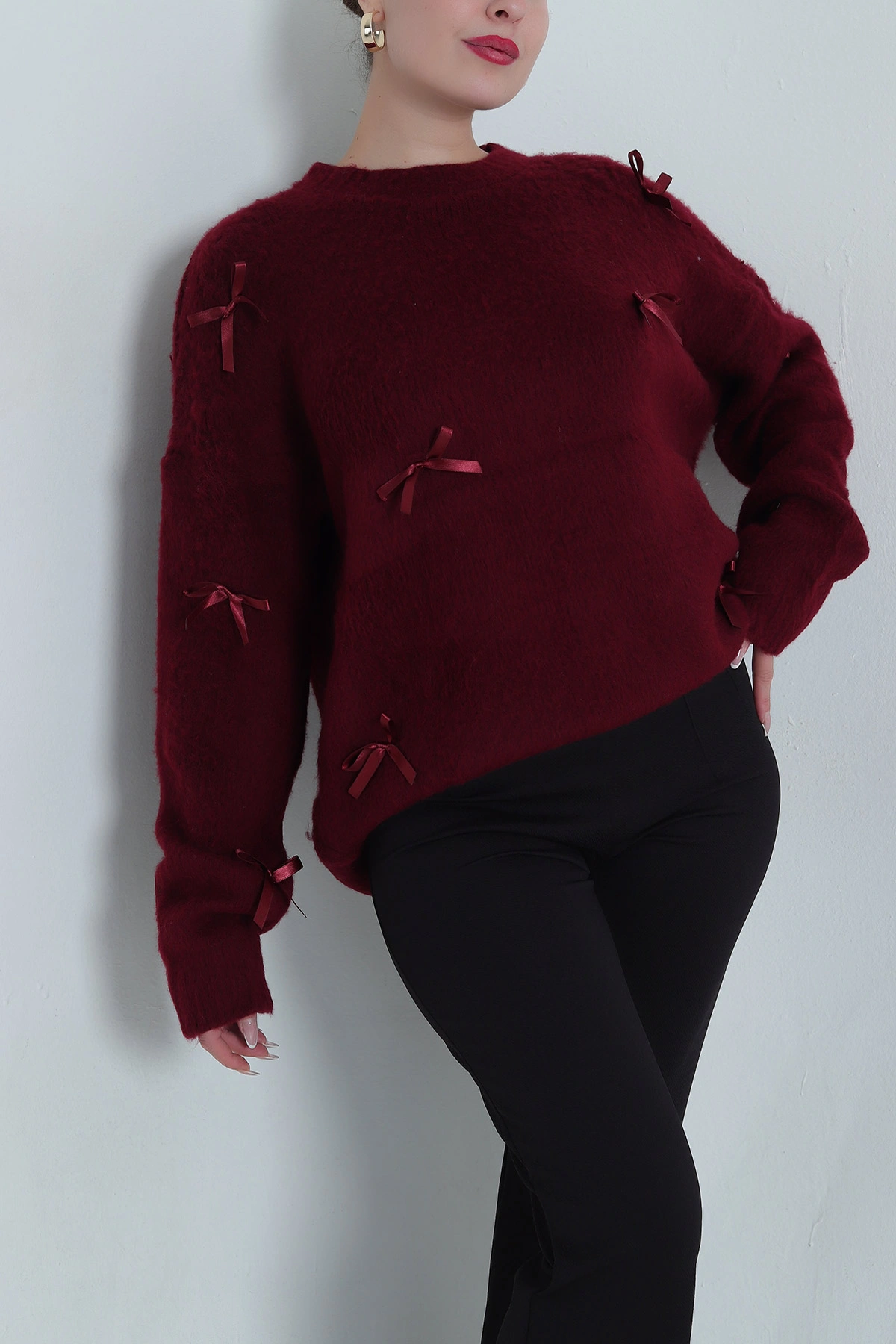 Bordo Oversize Fiyonklu Kadın Triko Kazak 491000