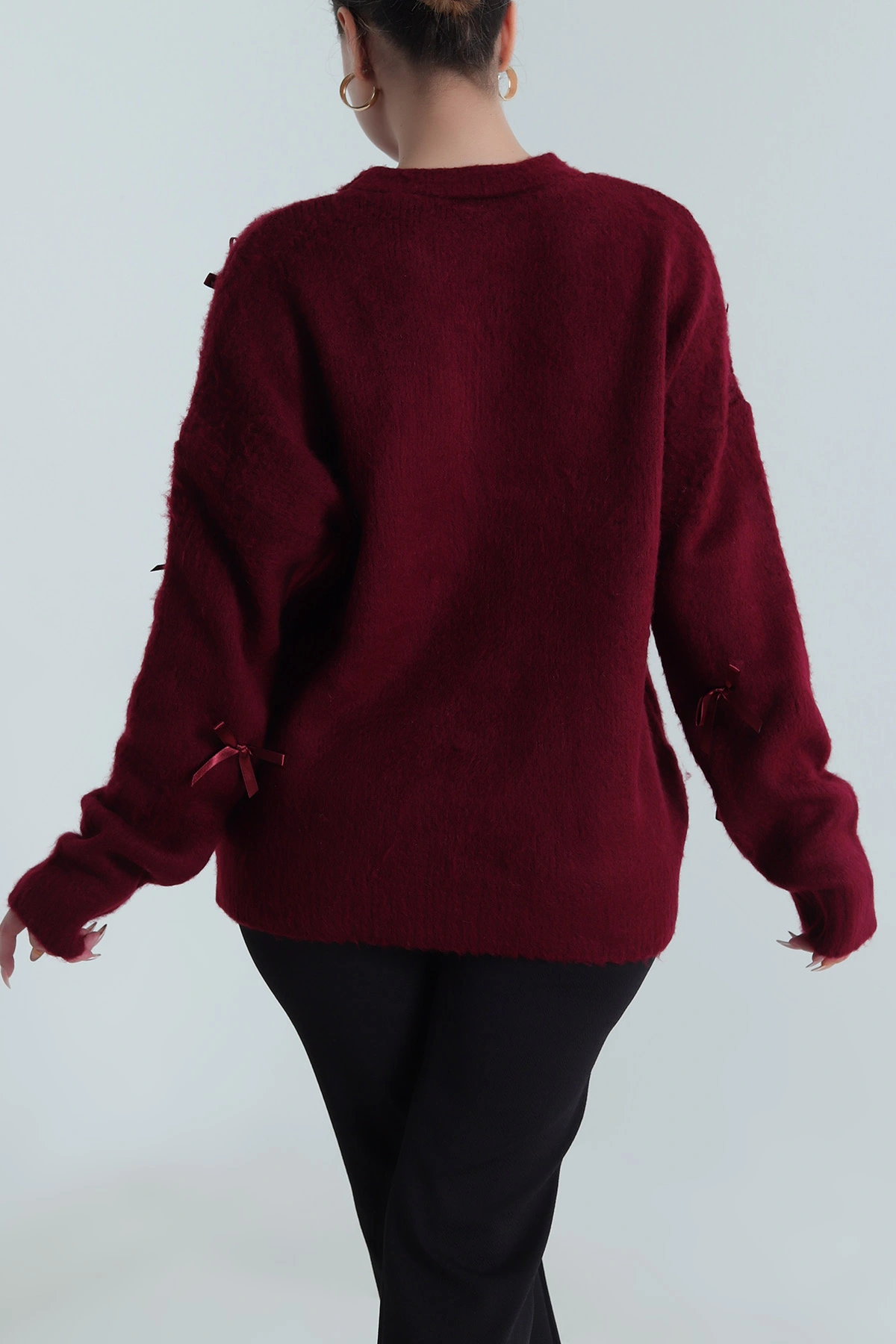 Bordo Oversize Fiyonklu Kadın Triko Kazak 491000