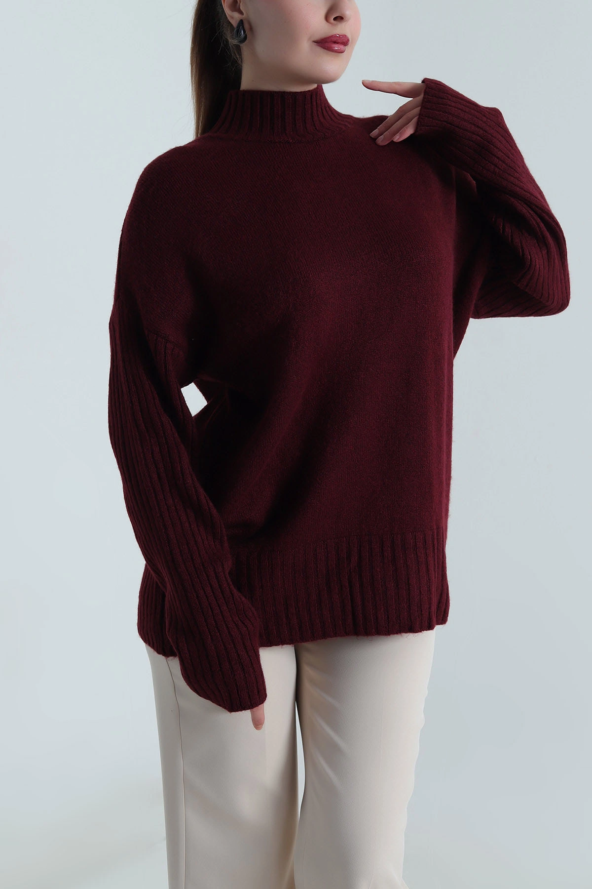 Bordo Oversize Kadın Triko Kazak 496027
