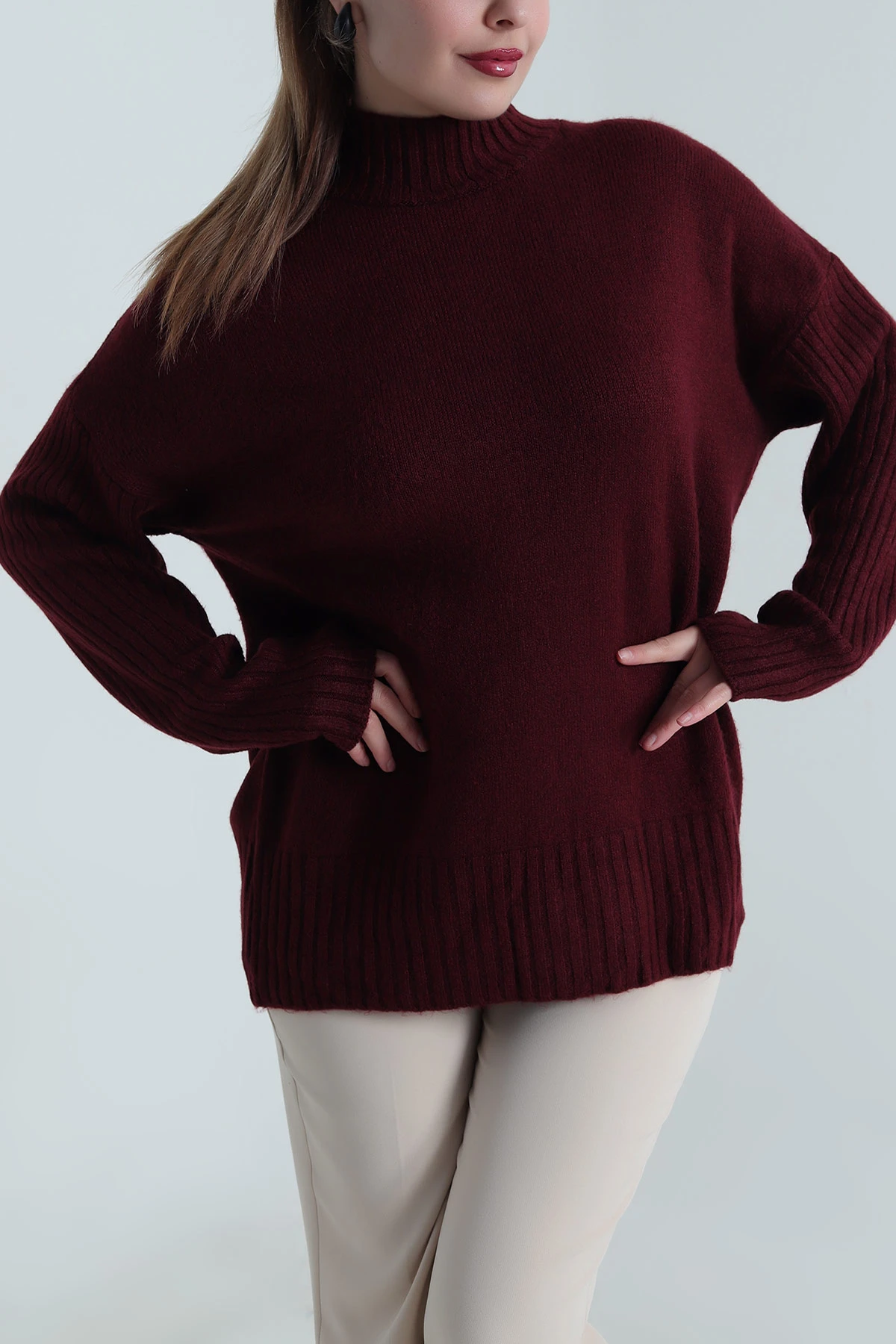 Bordo Oversize Kadın Triko Kazak 496027