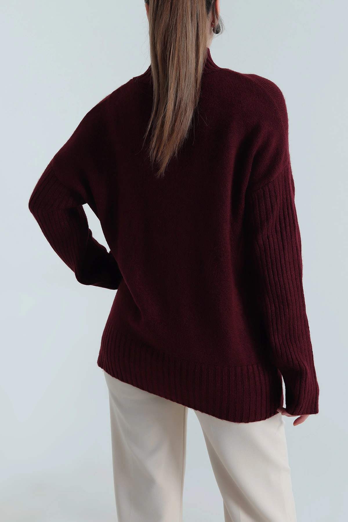 Bordo Oversize Kadın Triko Kazak 496027