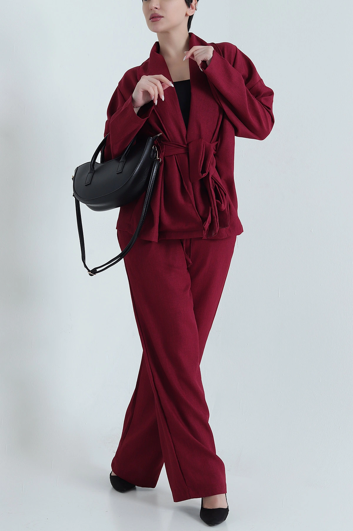 Bordo Oversize Keten Kadın İkili Takım 446552