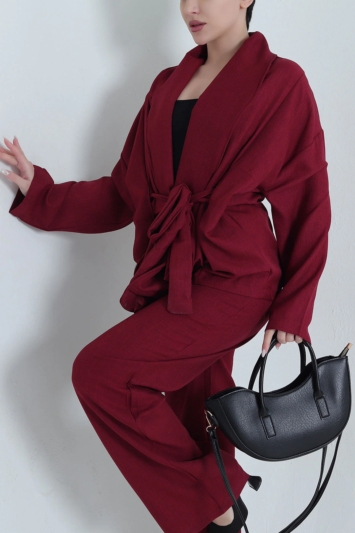 Bordo Oversize Keten Kadın İkili Takım 446552