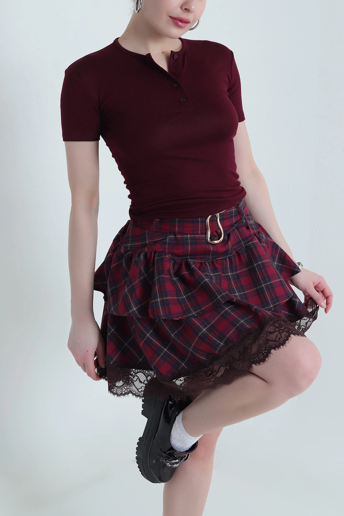 Bordo Oysho Düğmeli Yaka Kadın Badi 436266