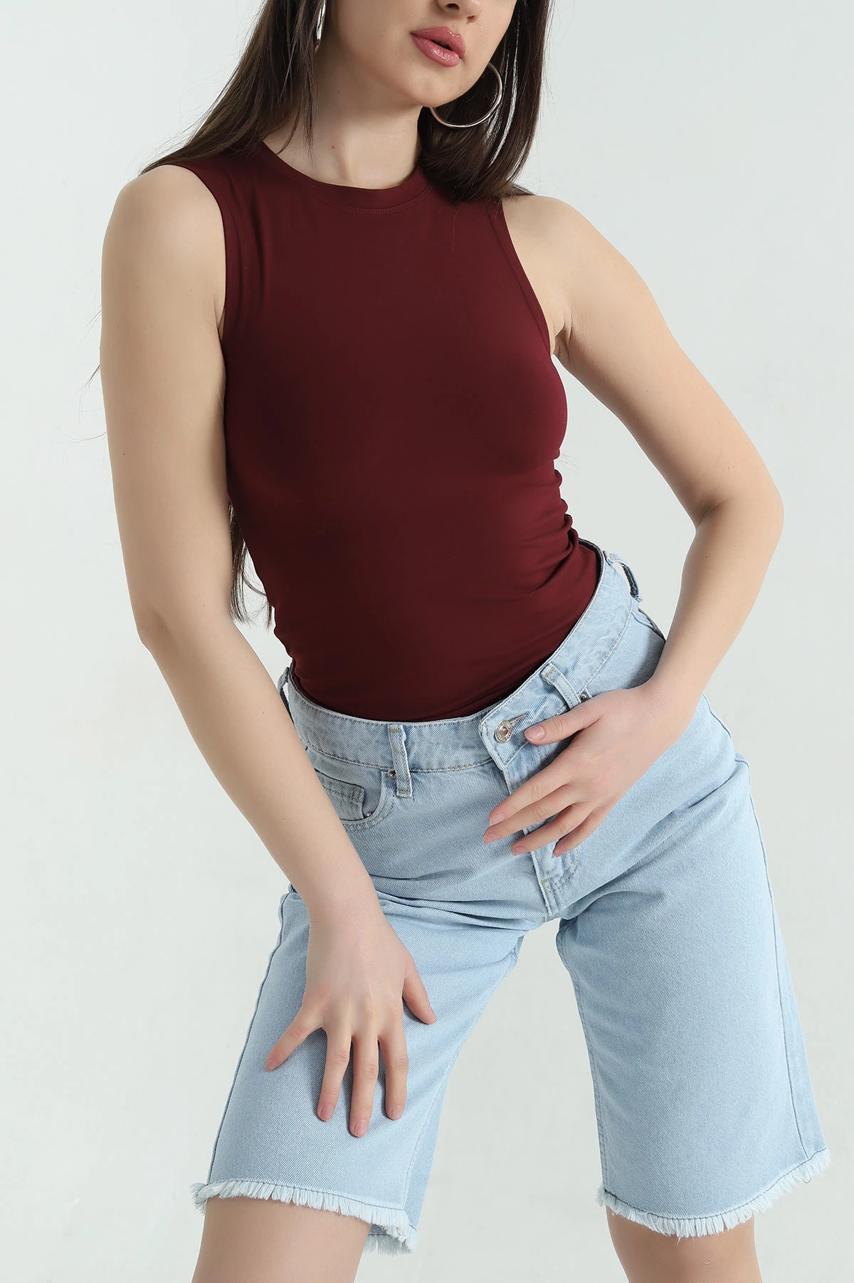 Bordo Oysho Kumaş Kolsuz Bluz 359572