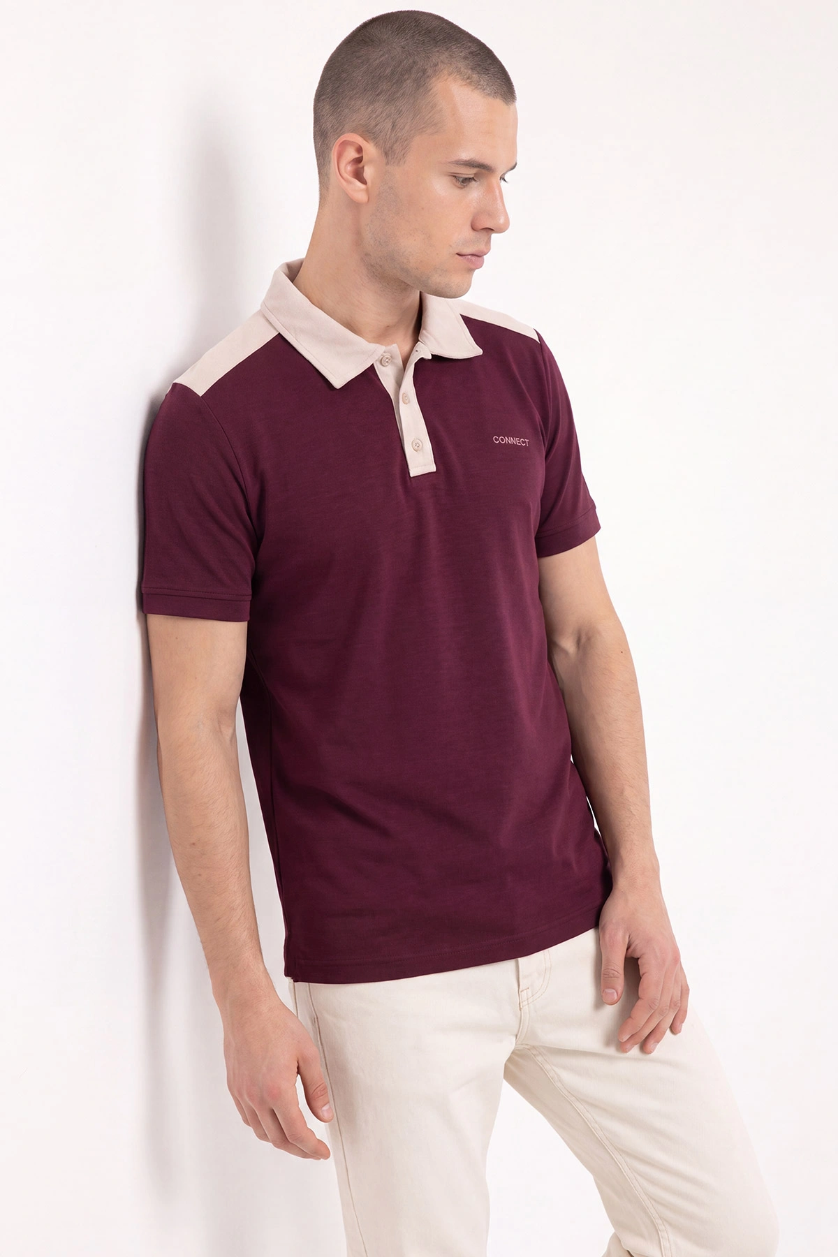 Bordo Oysho Kumaş Polo Yaka Düğme Detaylı Erkek Tişört 471696