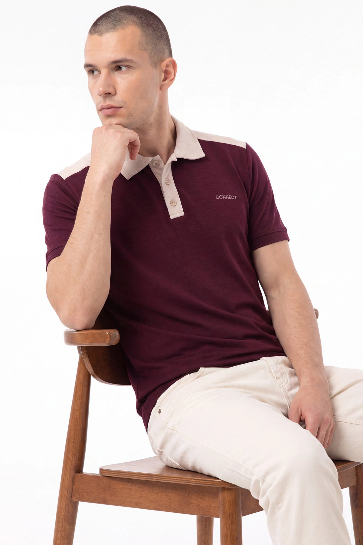 Bordo Oysho Kumaş Polo Yaka Düğme Detaylı Erkek Tişört 471696