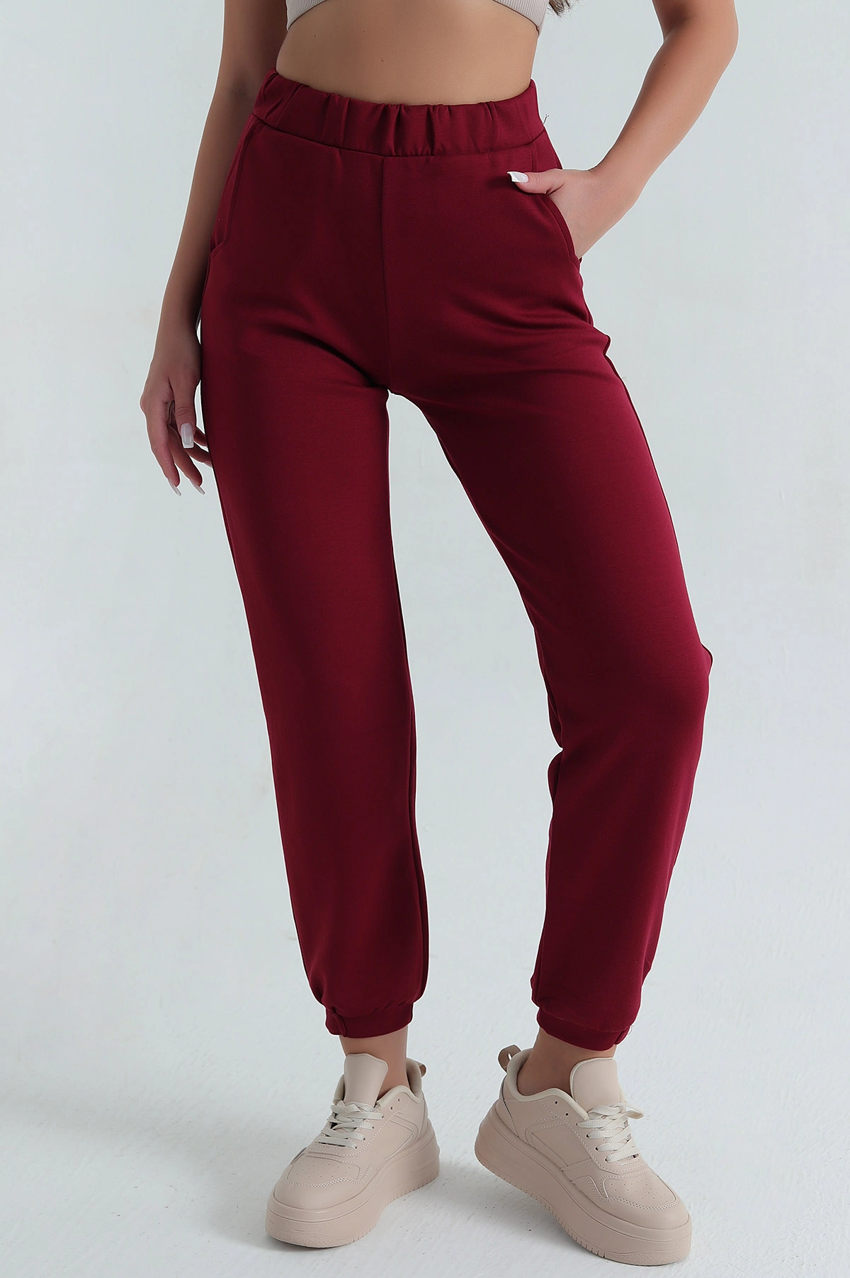 Bordo Paça Çıtçıtlı Modal Kadın Pantolon 381464