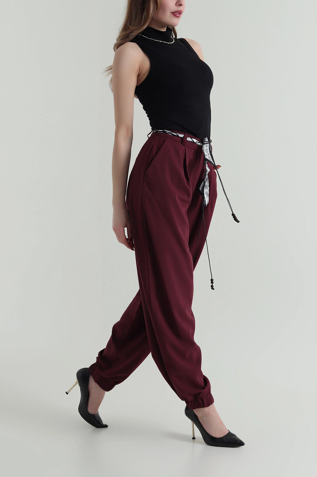 Bordo Paça Lastikli Kadın Poliviskon Baggy Pantolon 425500
