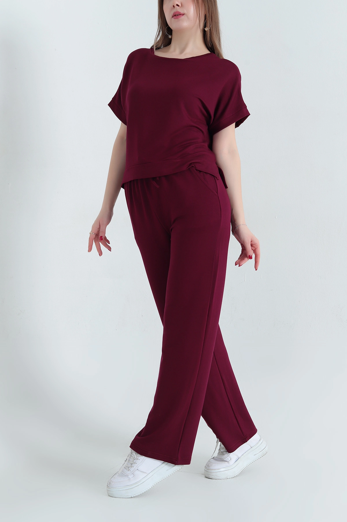 Bordo Pantolon Bluz Kristal Bayan İkili Takım 337803