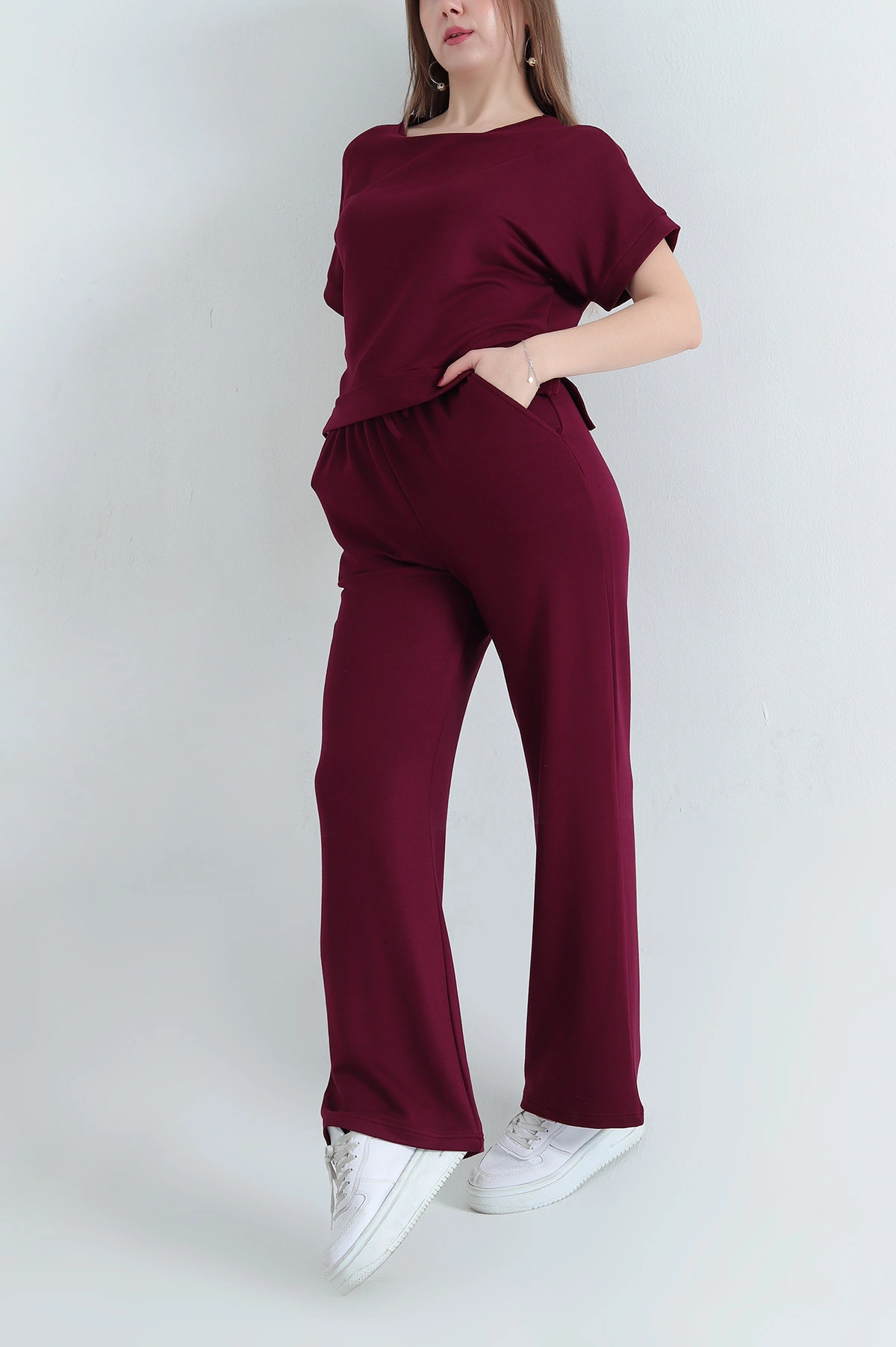 Bordo Pantolon Bluz Kristal Bayan İkili Takım 337803