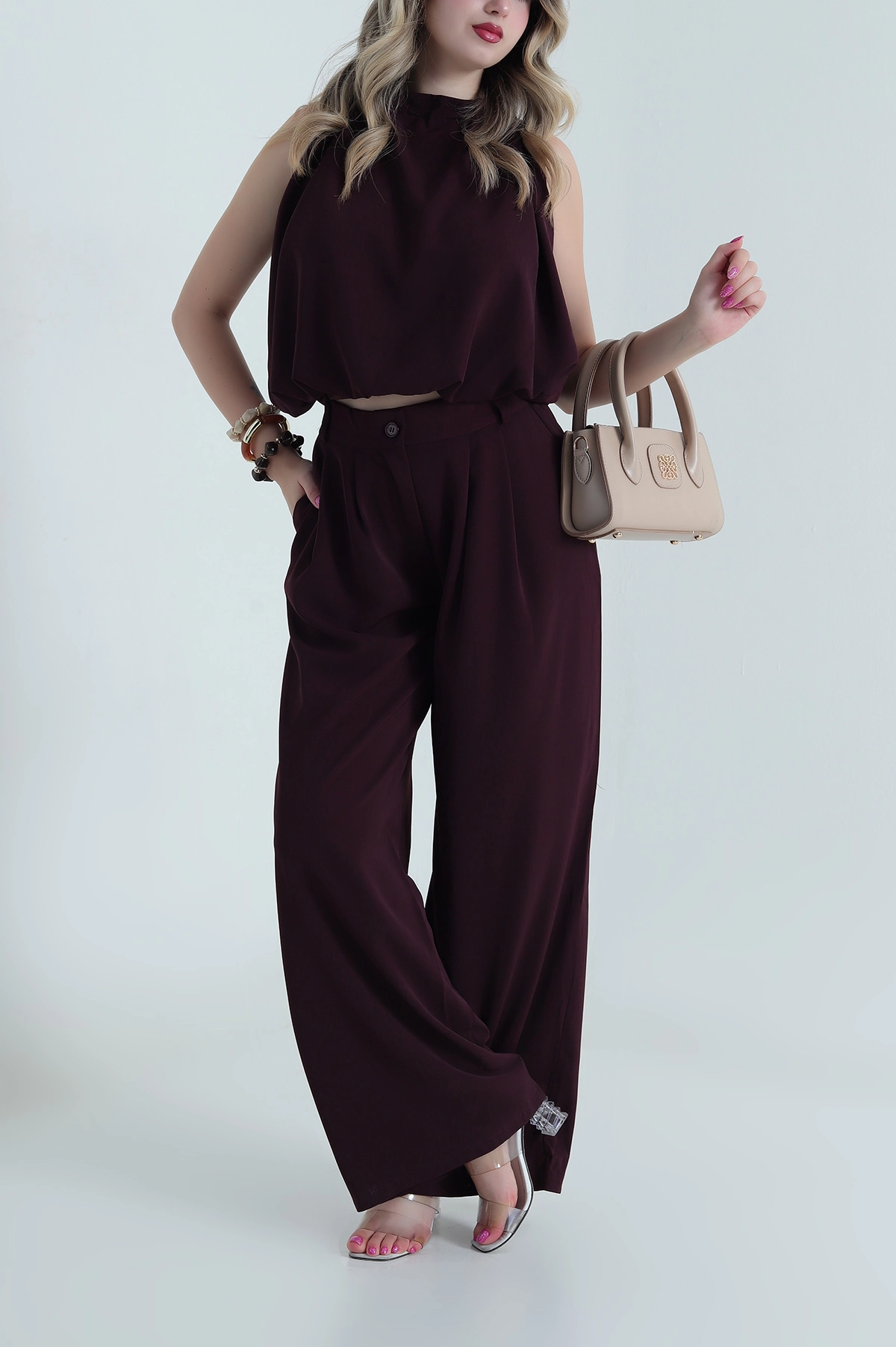 Bordo Pantolon Bluz Linda Kadın İkili Takım 484194