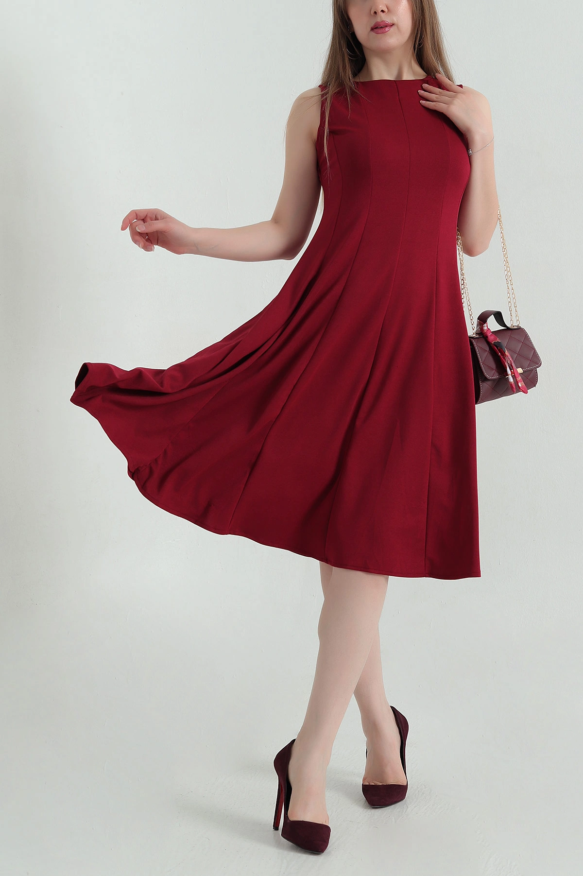 Bordo Parçalı Krep Kolsuz Kadın Elbise 351344