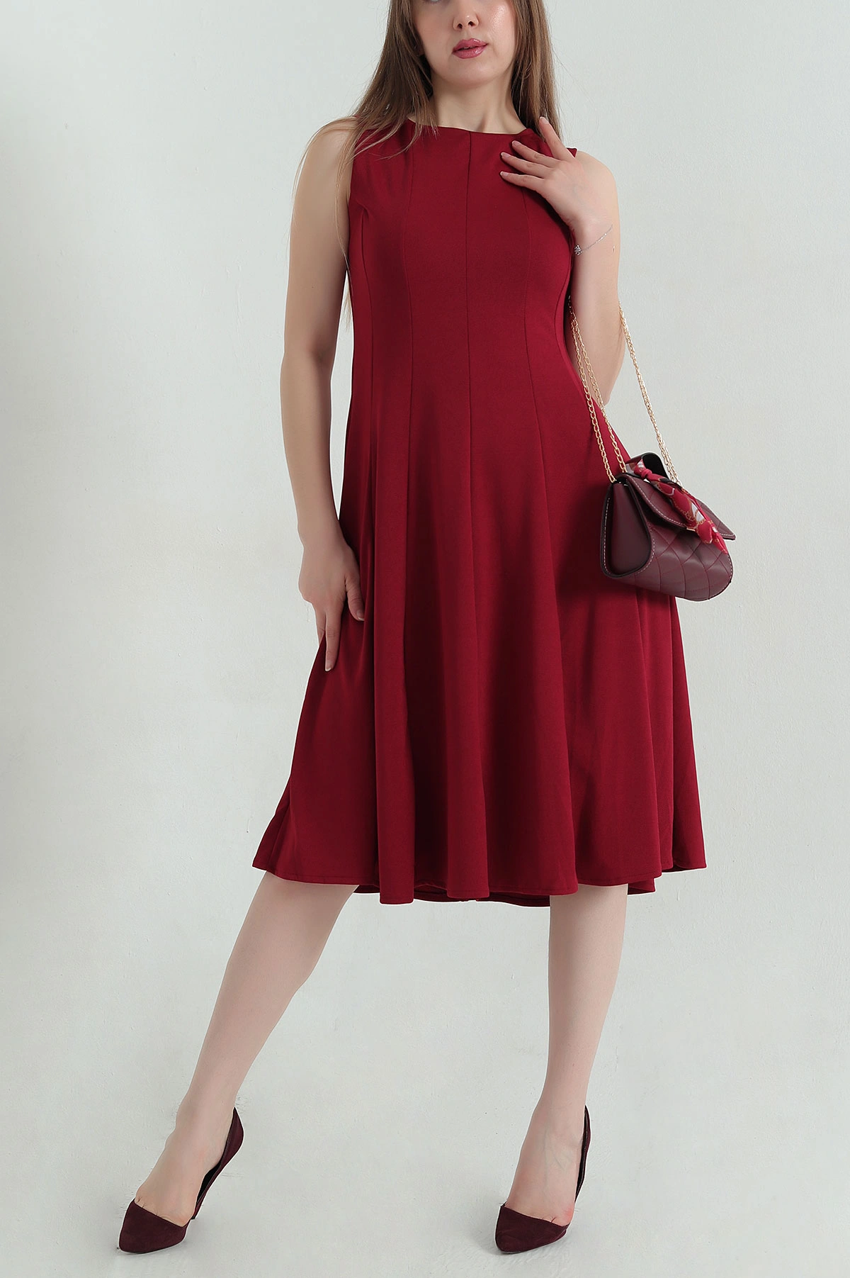 Bordo Parçalı Krep Kolsuz Kadın Elbise 351344