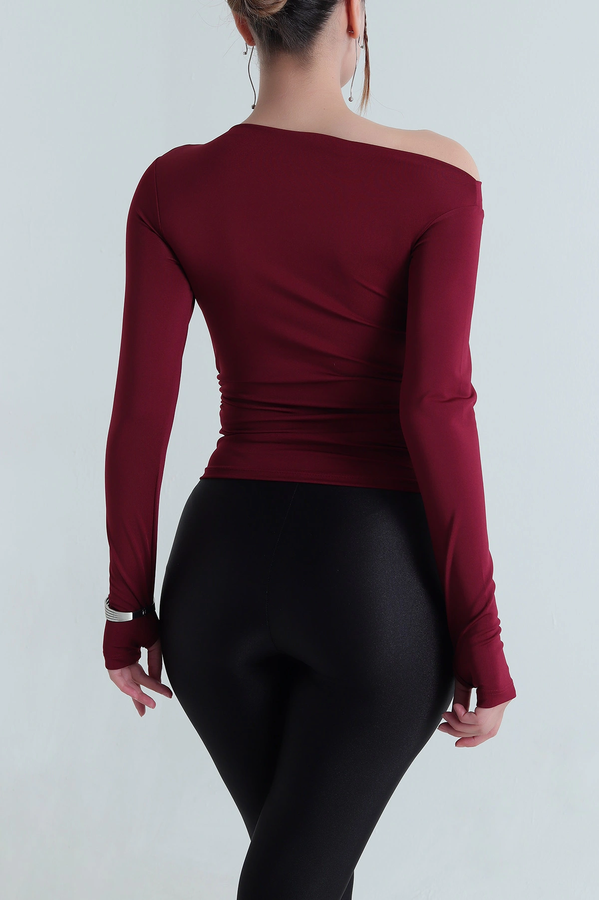 Bordo Parmak Geçmeli Büzgülü Likralı Dalgıç Kadın Bluz 482656