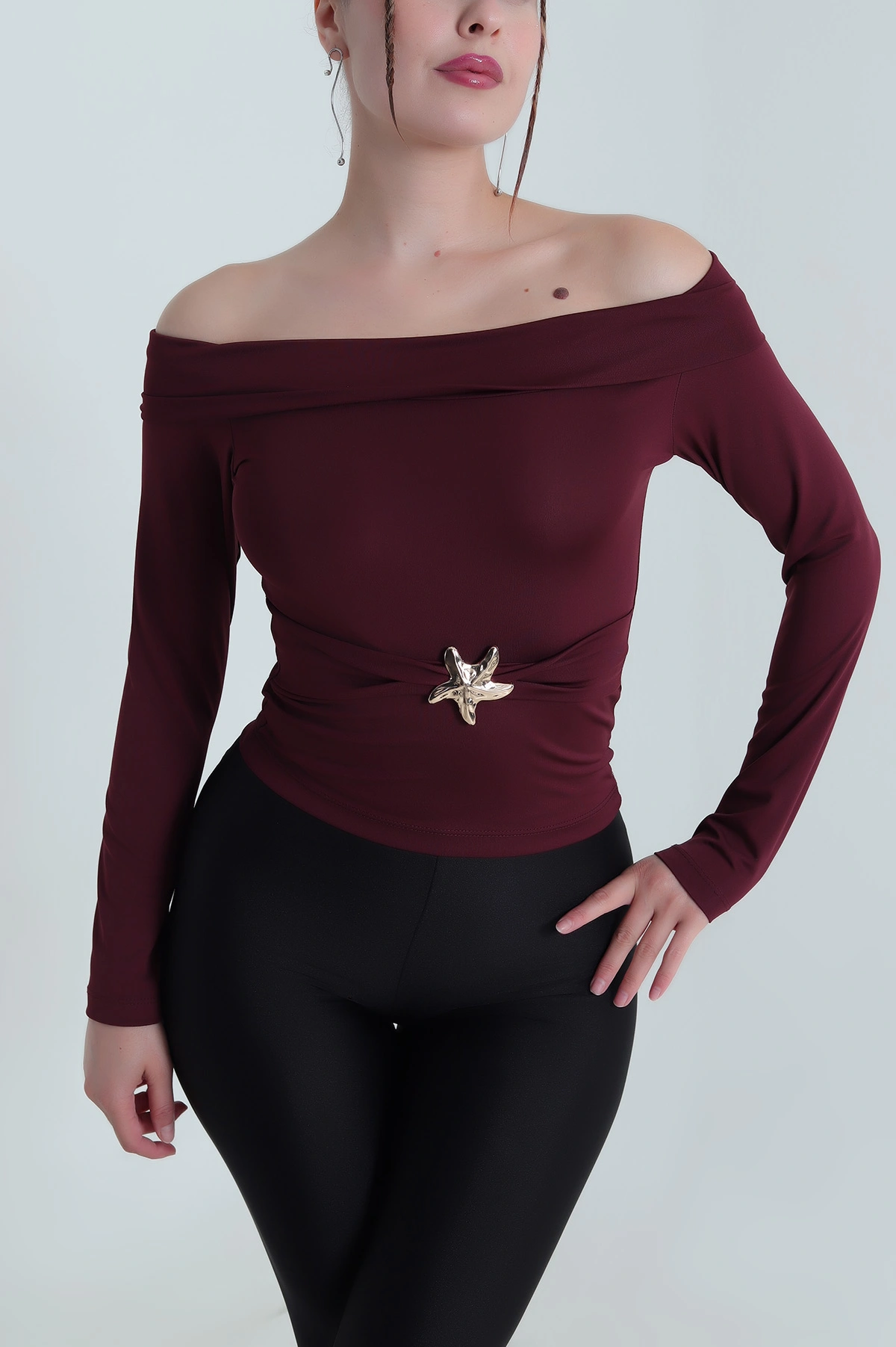 Bordo Parmak Geçmeli Madonna Yaka Dalgıç Kadın Bluz 482685