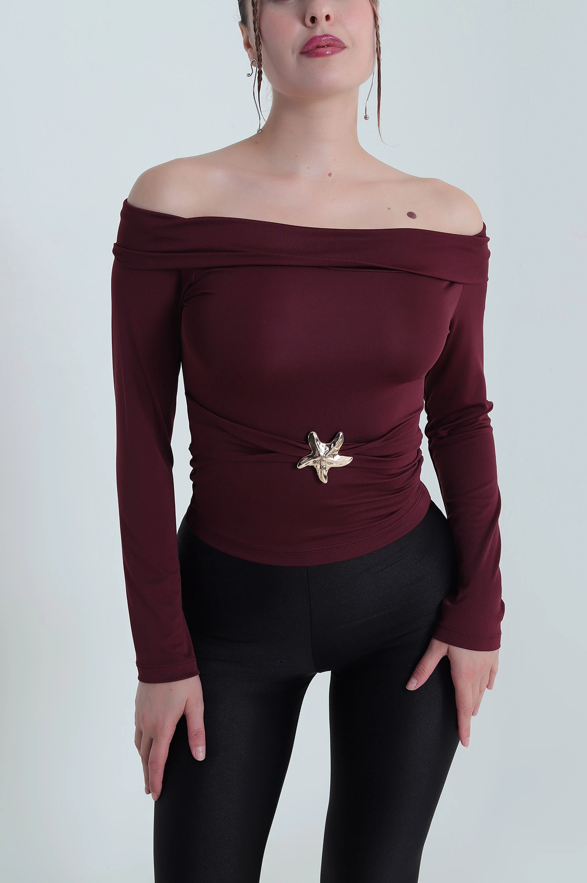Bordo Parmak Geçmeli Madonna Yaka Dalgıç Kadın Bluz 482685
