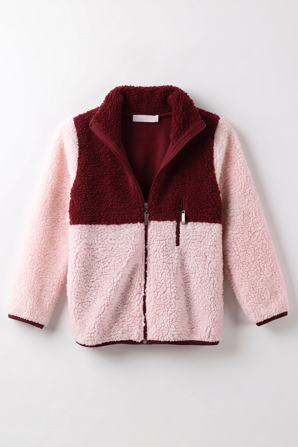 Bordo Pembe (3-12 Yaş)Parça Desenli Fermuarlı Polar Kuzu Hırka 487441