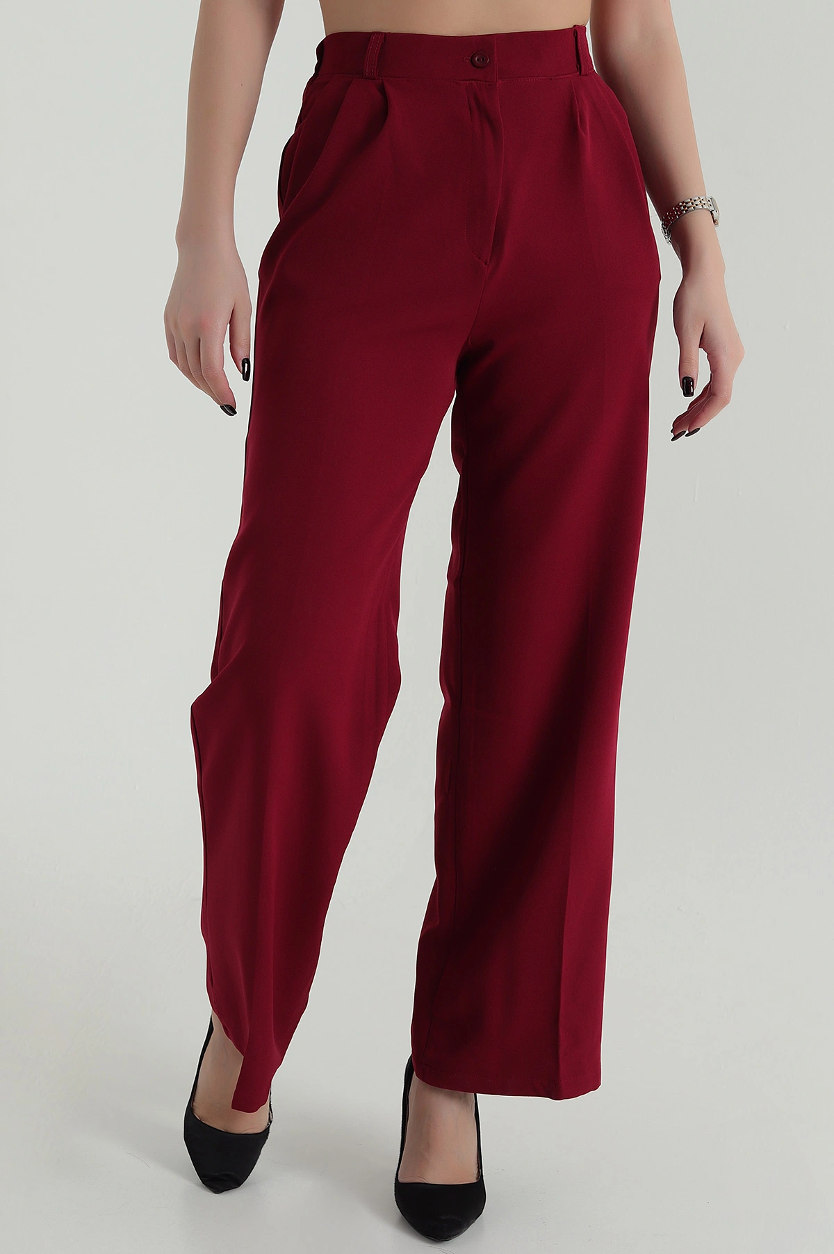 Bordo Pileli Bel Lastikli Cepli Dabıl Kadın Pantolon 423319