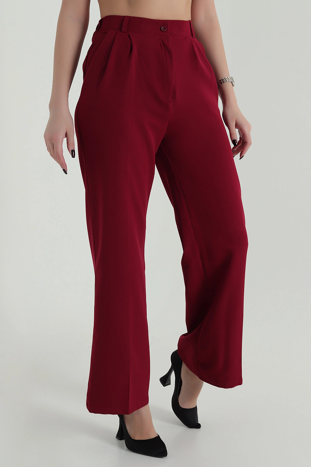 Bordo Pileli Bel Lastikli Cepli Dabıl Kadın Pantolon 423319
