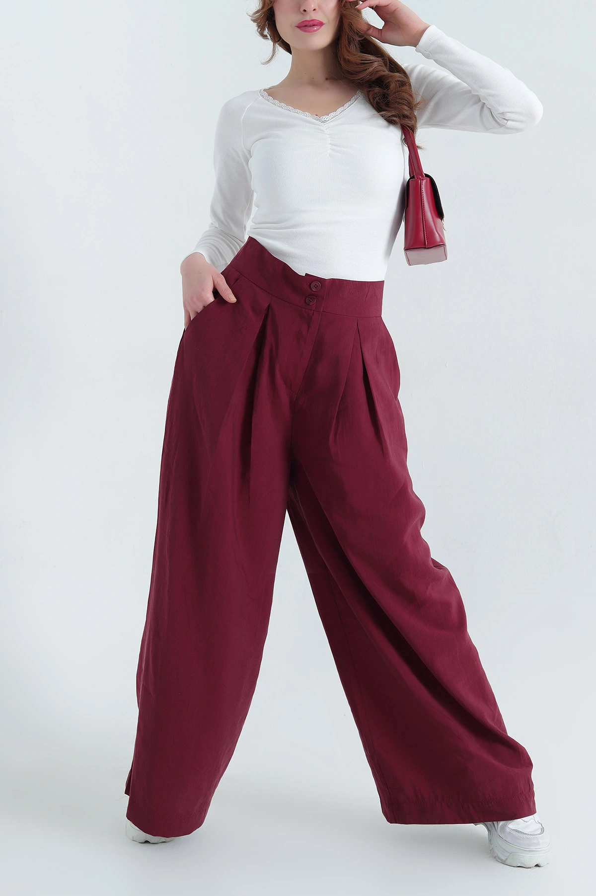 Bordo Pileli Cepli Bayan Tencel Pantolon 337619