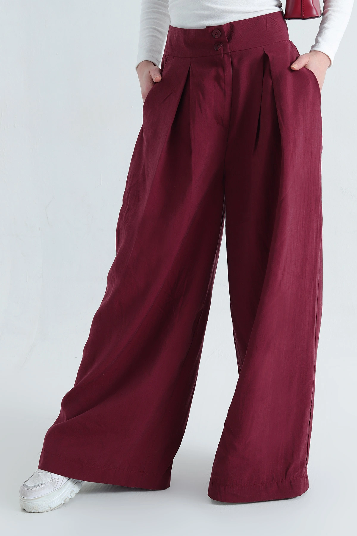 Bordo Pileli Cepli Bayan Tencel Pantolon 337619