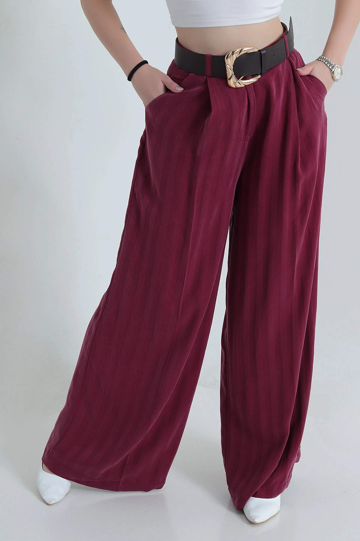 Bordo Pileli Cepli Liosel Kadın Pantolon 471283