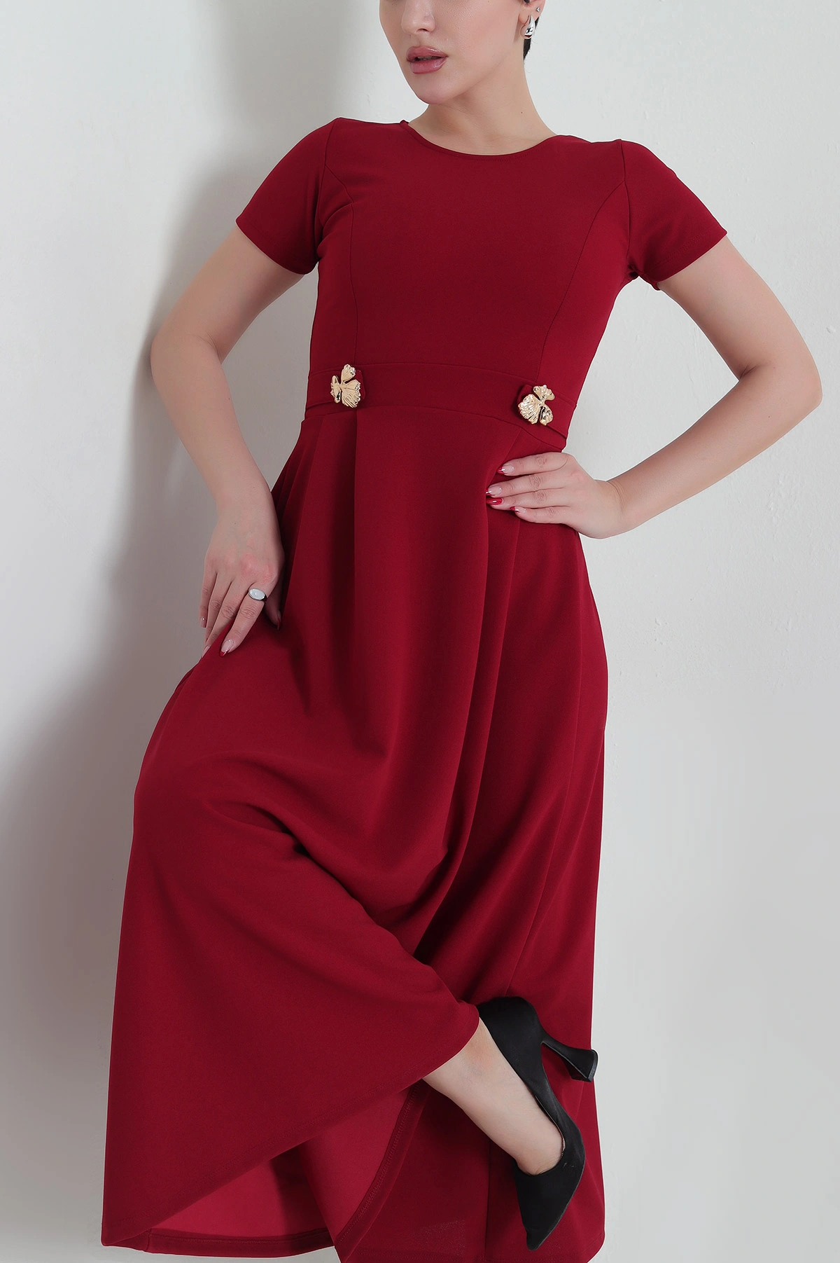 Bordo Pileli Crep Bisiklet Yaka Kadın Abiye 433902