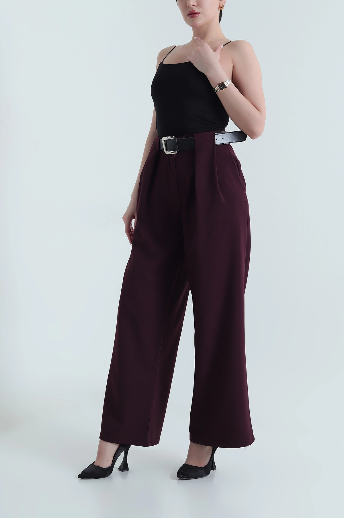 Bordo Pileli Kemerli Palazzo Kadın Pantolon 445475
