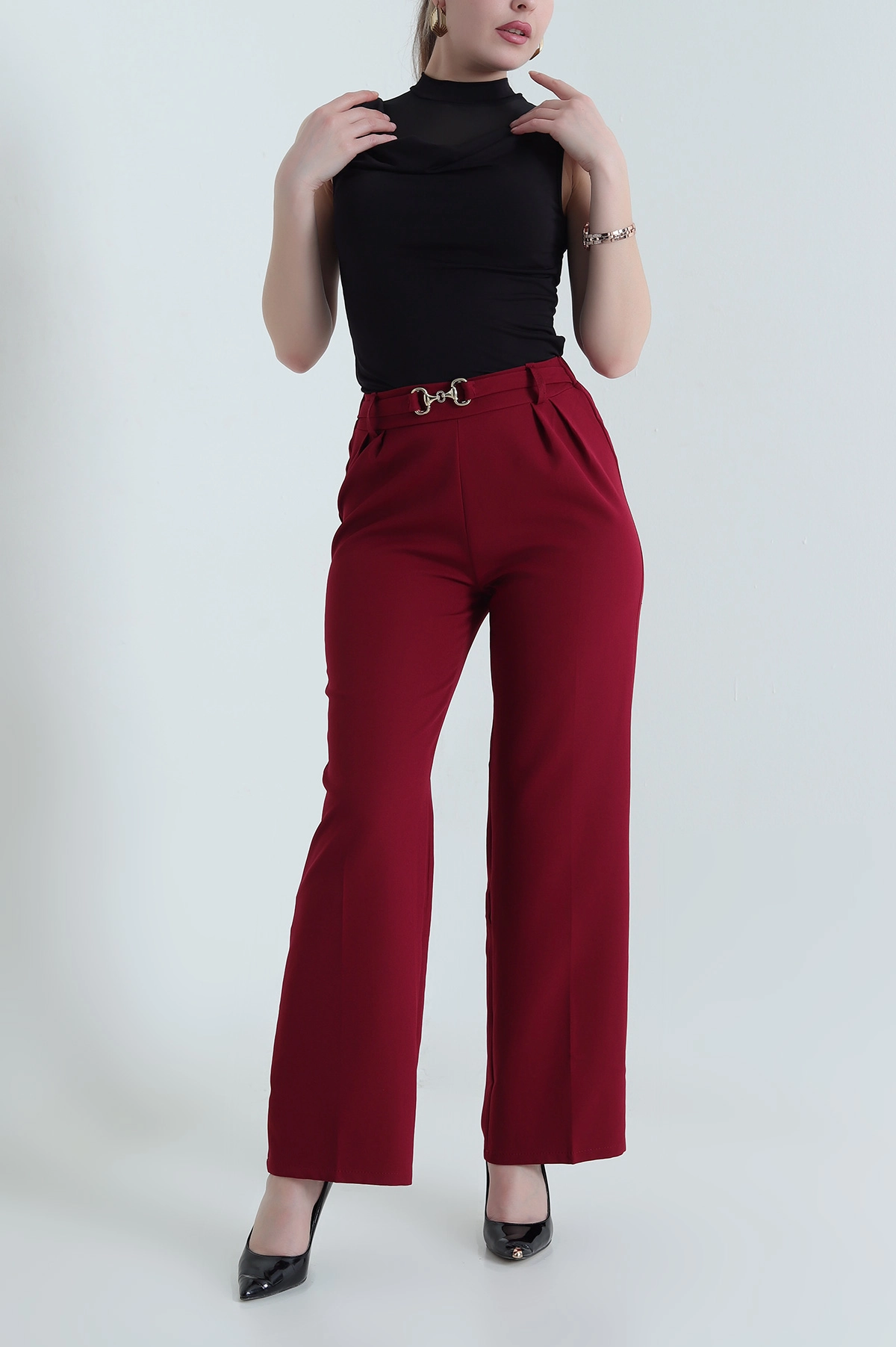 Bordo Pileli Lastikli Bel Kadın Dabıl Pantolon 440432